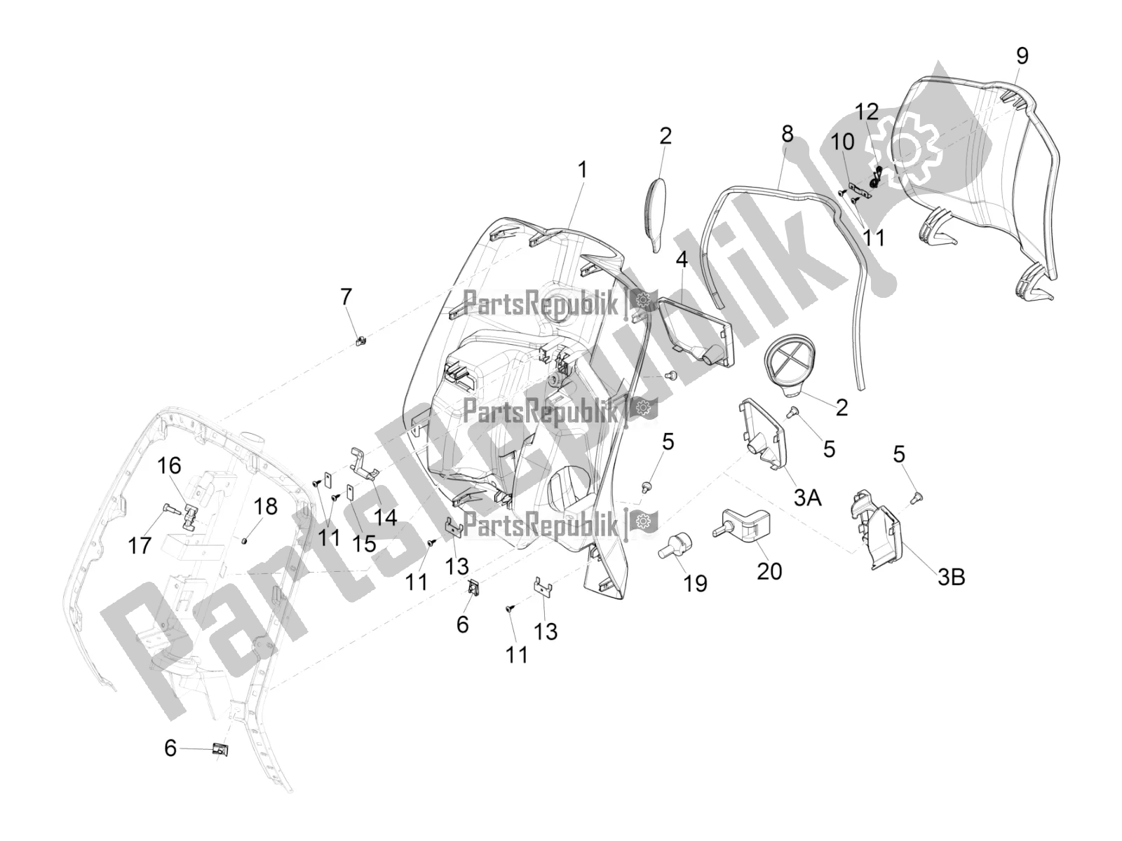 All parts for the Front Glove-box - Knee-guard Panel of the Vespa Primavera 50 2T 2016