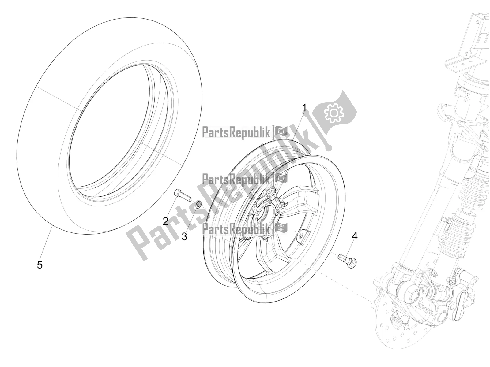 All parts for the Front Wheel of the Vespa Primavera 50 2T 2017