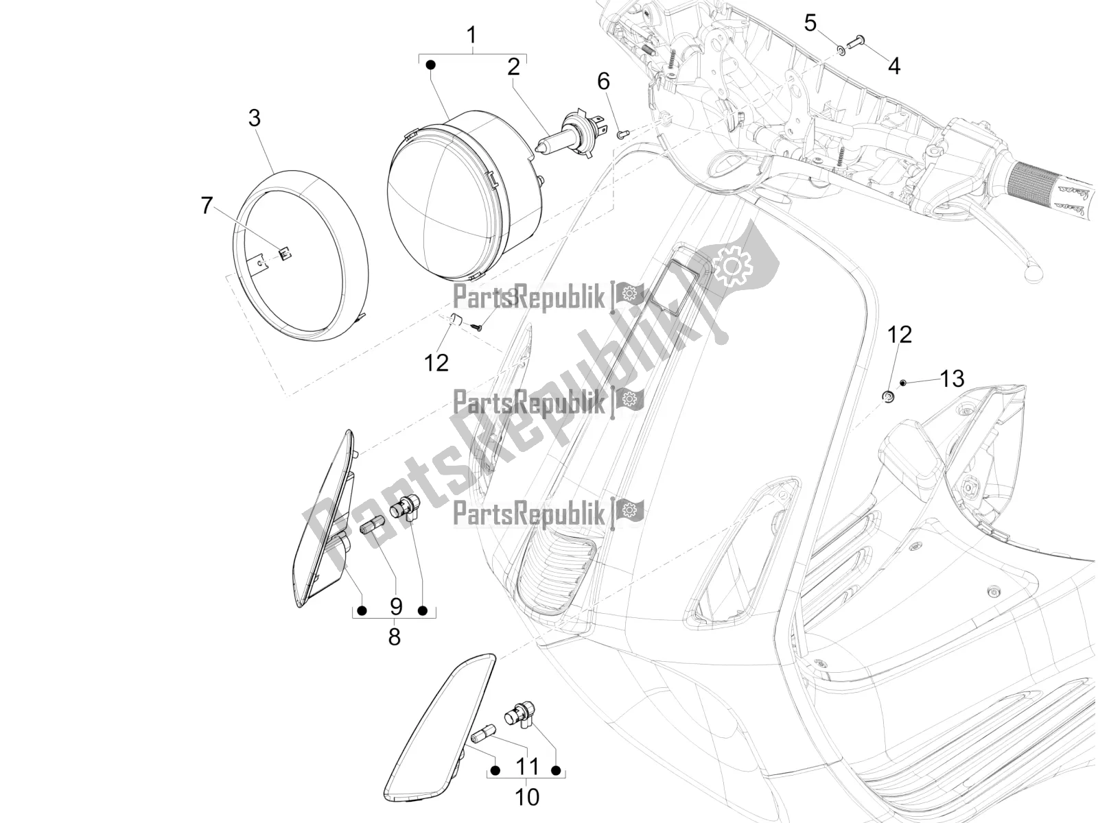 Toutes les pièces pour le Phares Avant - Clignotants du Vespa Primavera 50 4T 25 KM/H 2016