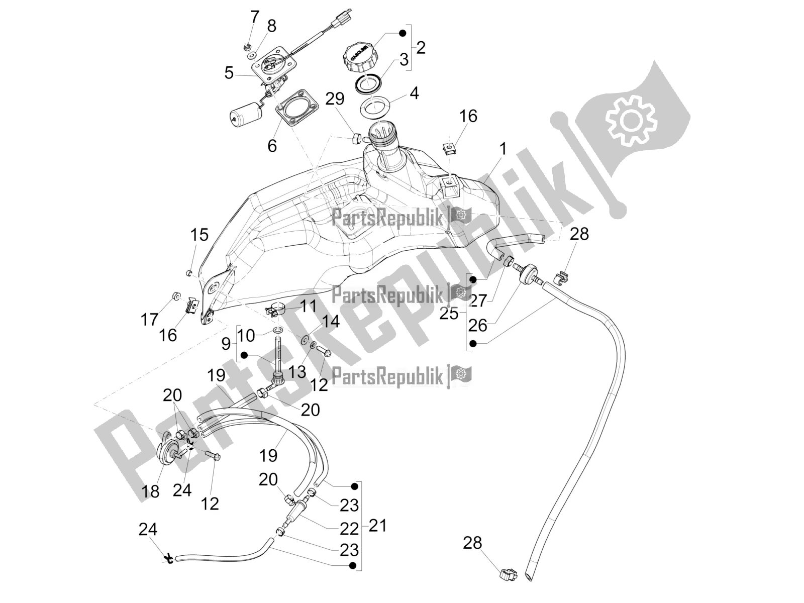 All parts for the Fuel Tank of the Vespa Primavera 50 4T 25 KM/H 2016