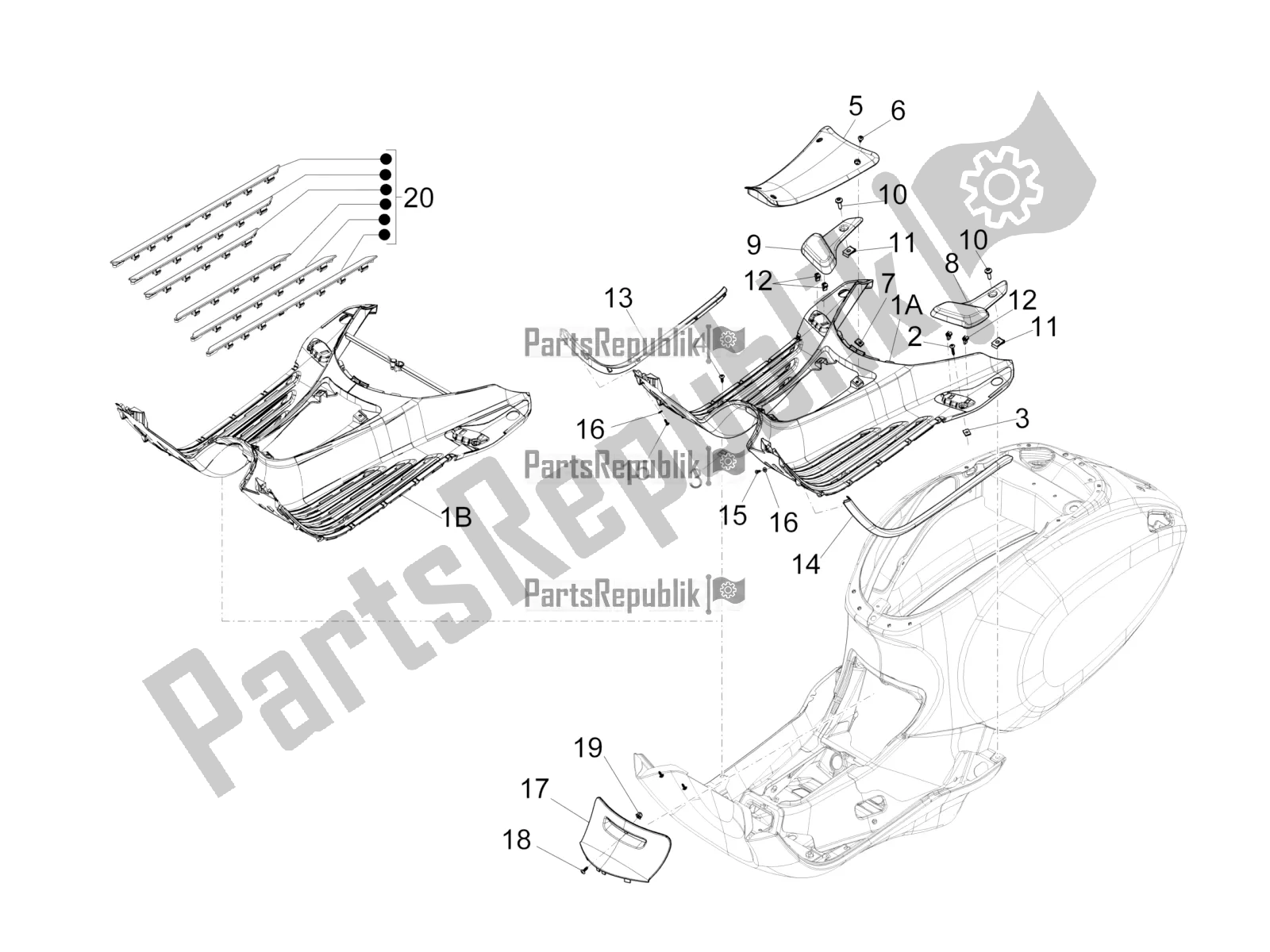 Todas as partes de Tampa Central - Apoios Para Os Pés do Vespa Primavera 50 4T 25 KM/H 2017