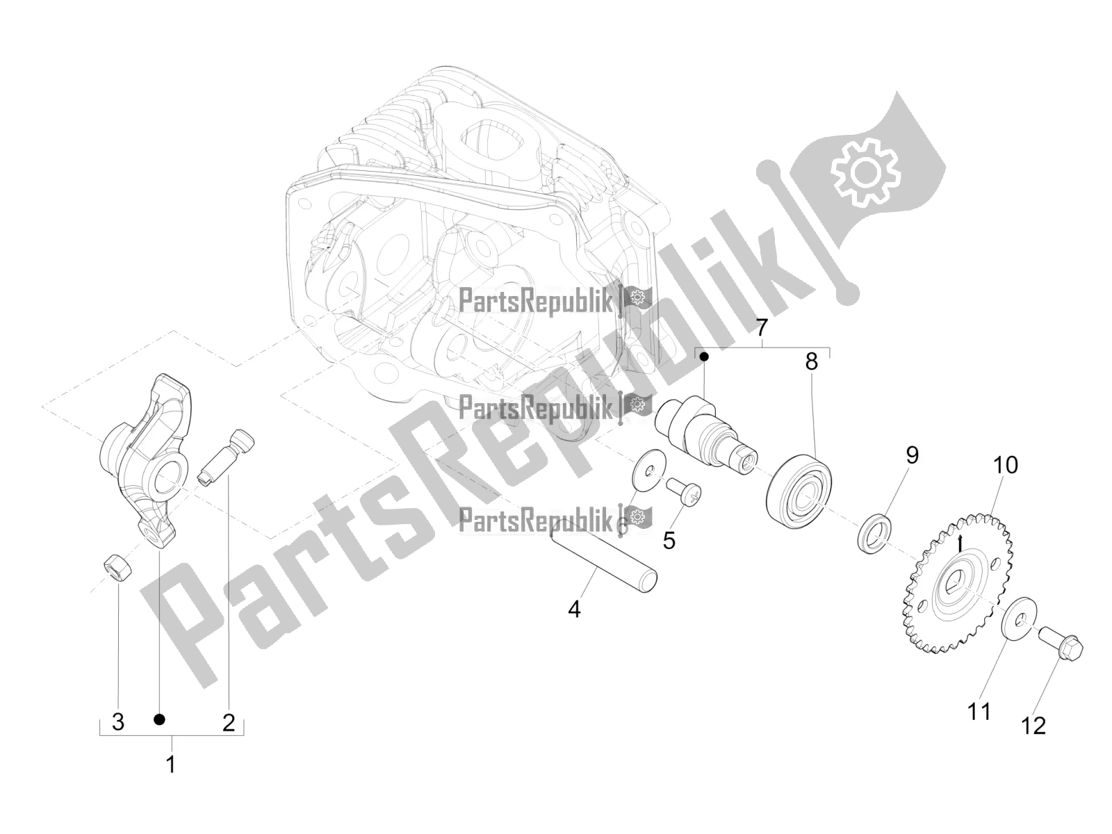 All parts for the Rocking Levers Support Unit of the Vespa Primavera 50 4T 25 KM/H 2017