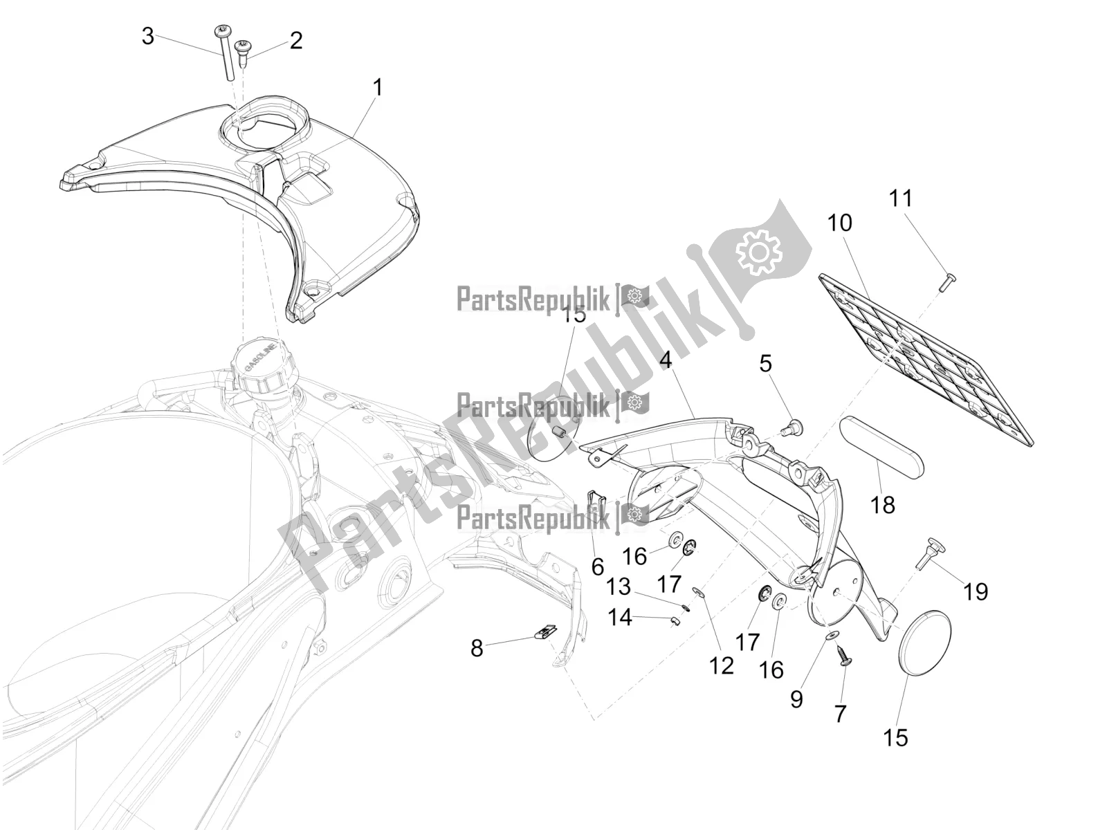 Toutes les pièces pour le Capot Arrière - Protection Contre Les éclaboussures du Vespa Primavera 50 4T 25 KM/H 2022