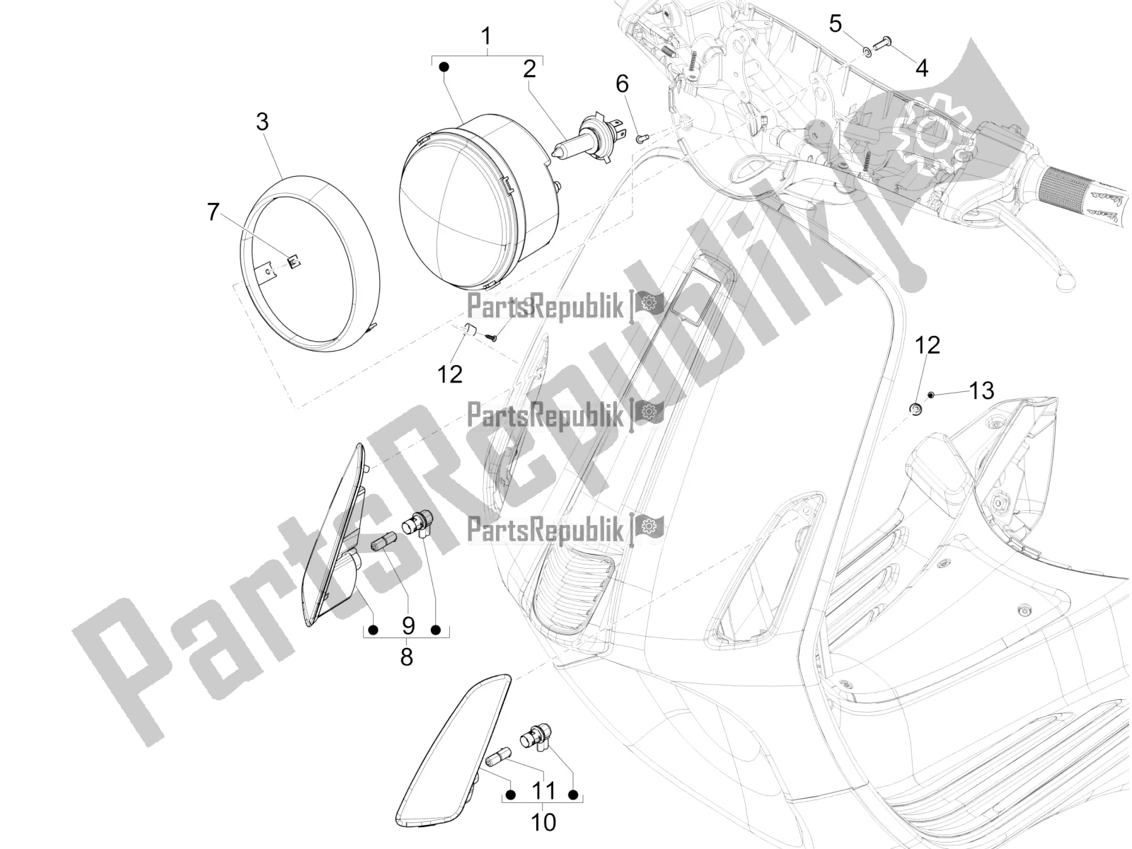 Toutes les pièces pour le Phares Avant - Clignotants du Vespa Primavera 50 4T 3V 25 KM/H 2017