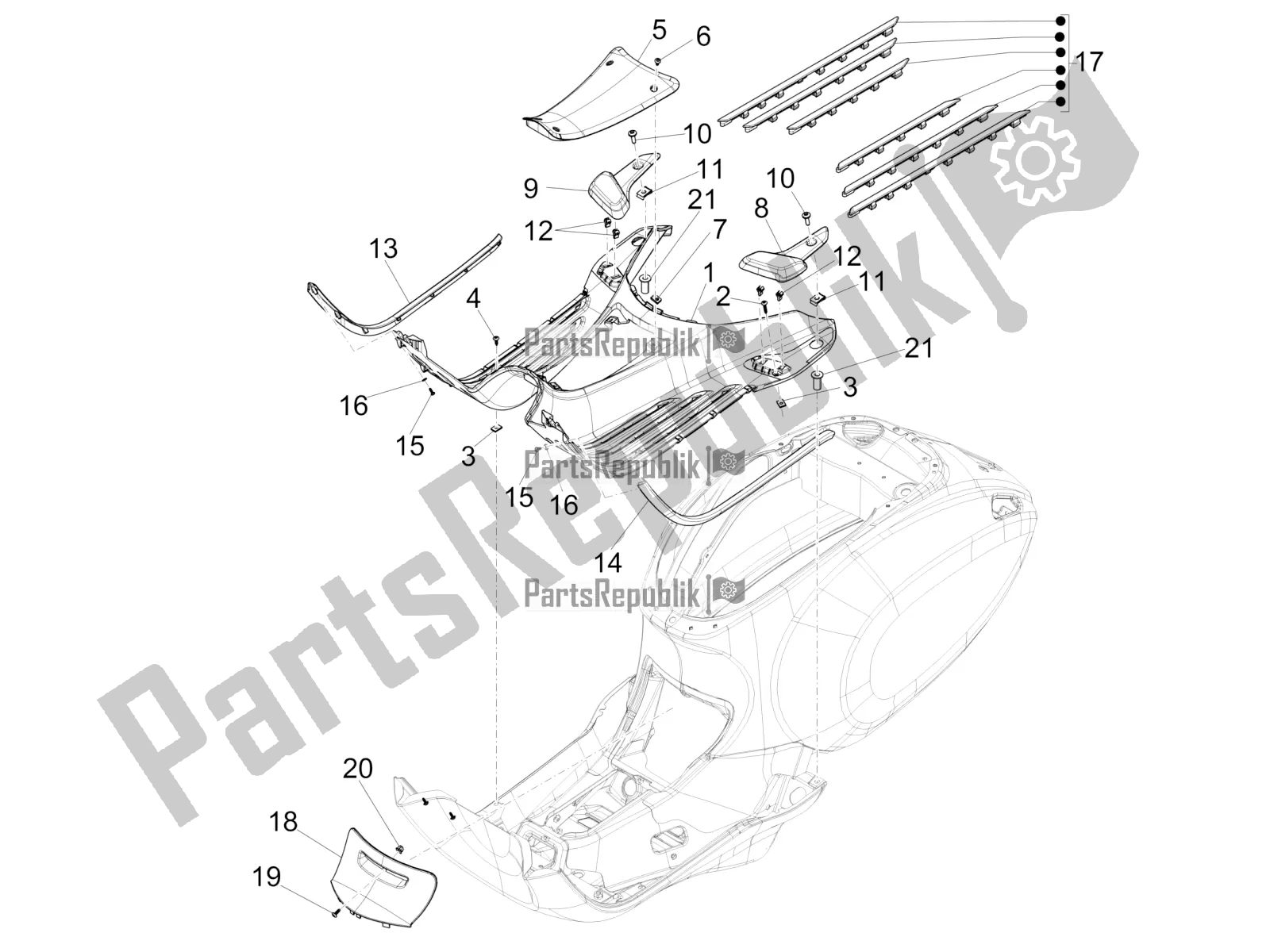 All parts for the Central Cover - Footrests of the Vespa Primavera 50 4T 3V 25 KM/H 2018