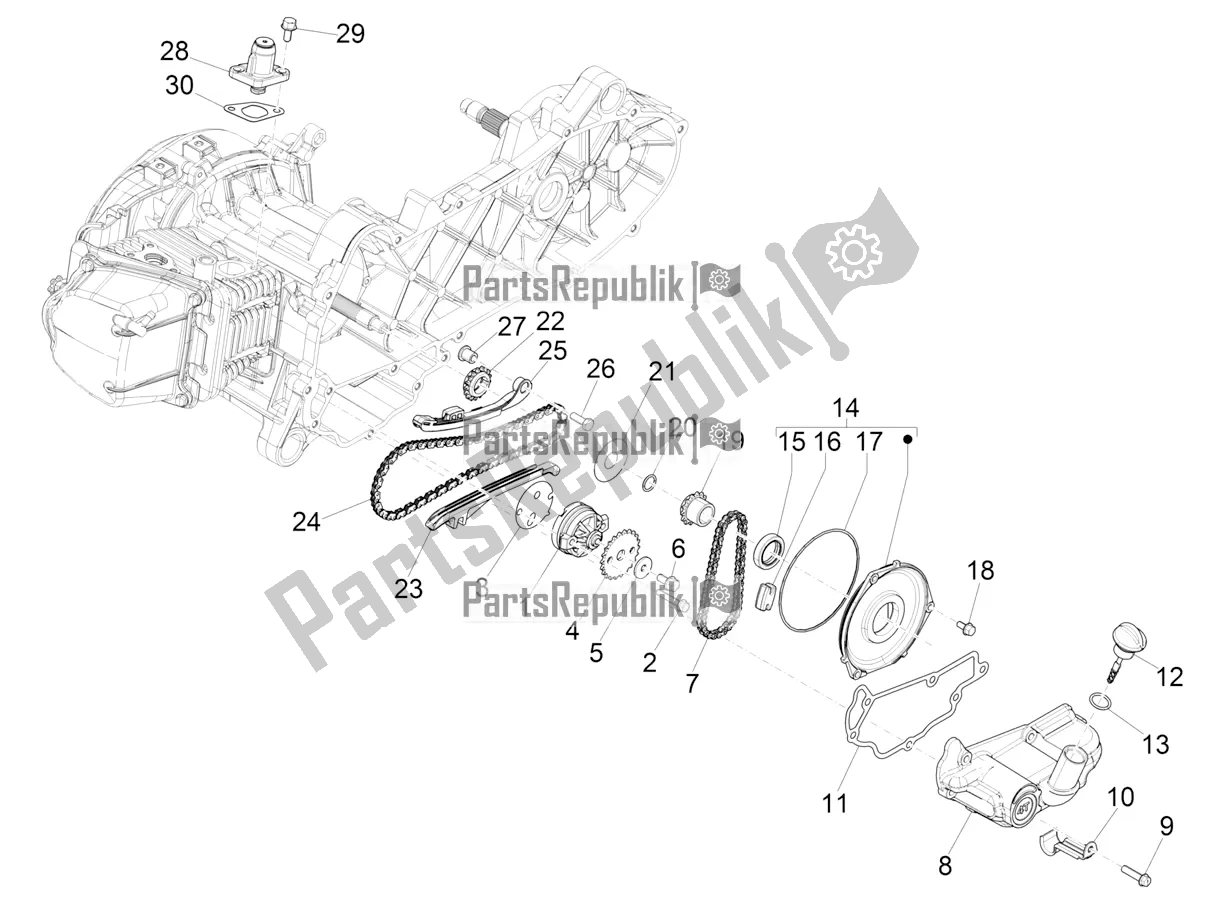 All parts for the Oil Pump of the Vespa Primavera 50 4T 3V 25 KM/H 2018