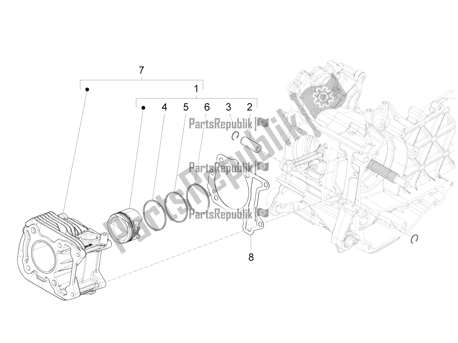 Alle onderdelen voor de Cilinder-zuiger-pols-peneenheid van de Vespa Primavera 50 4T 3V 30 MPH USA 2019