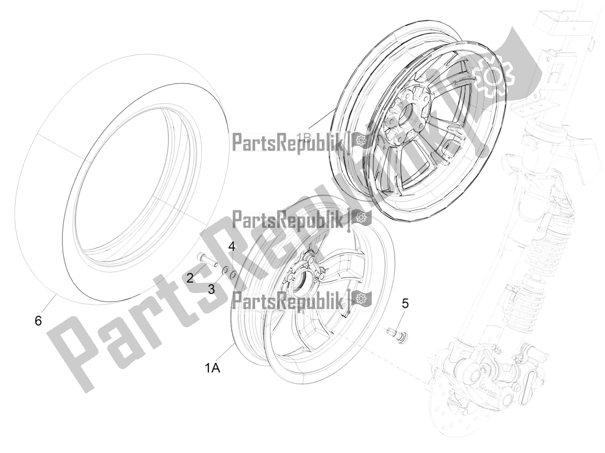 All parts for the Front Wheel of the Vespa Primavera 50 4T 3V 30 MPH USA 2019