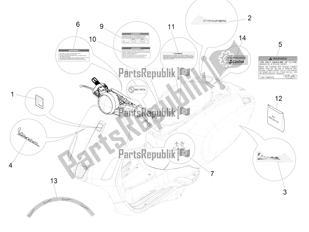 All parts for the Plates - Emblems of the Vespa Primavera 50 4T 3V 30 MPH USA 2019