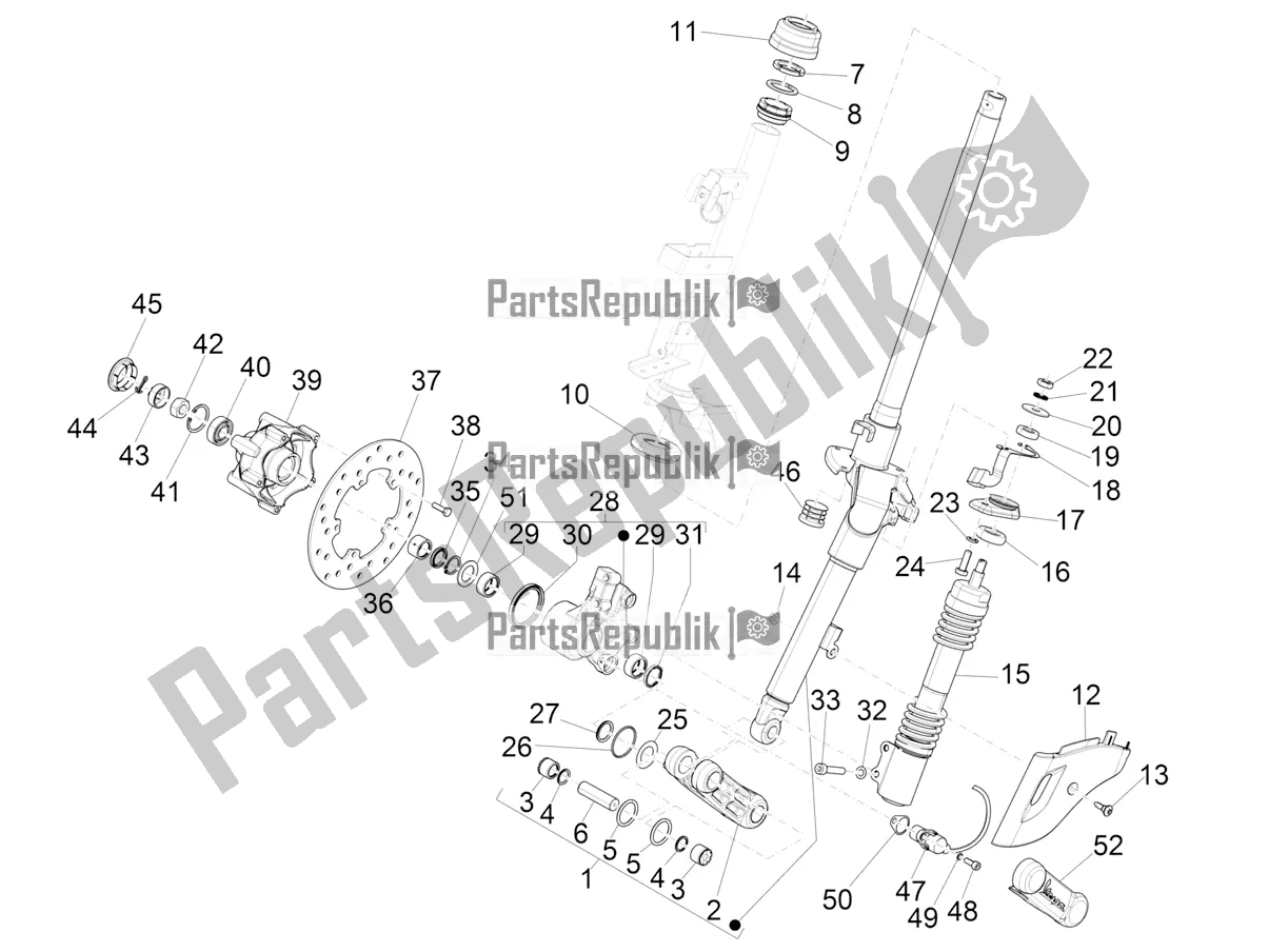 All parts for the Fork/steering Tube - Steering Bearing Unit of the Vespa Primavera 50 4T 3V 30 MPH USA 2020