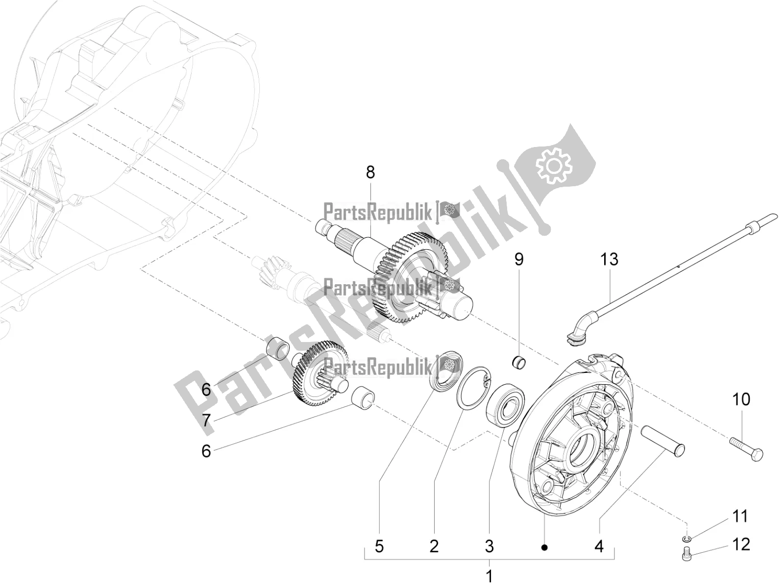 All parts for the Reduction Unit of the Vespa Primavera 50 4T 3V 30 MPH USA 2020