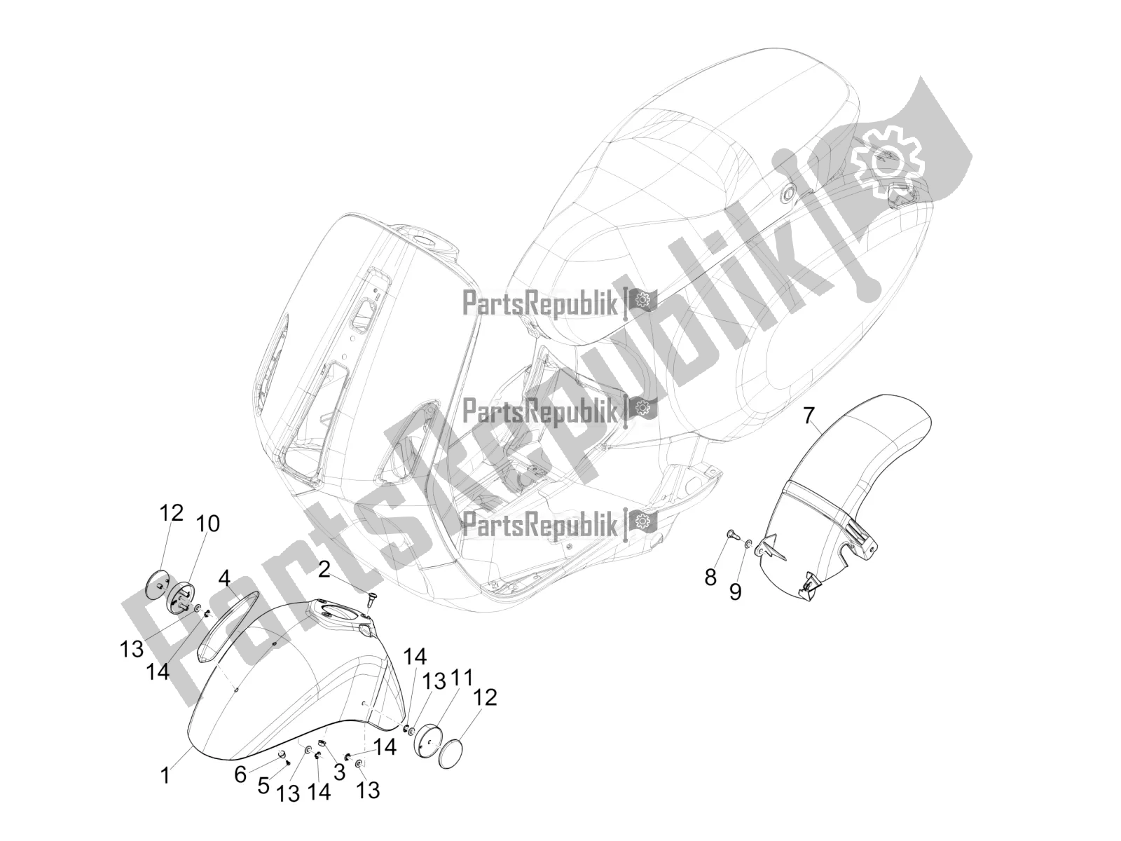 All parts for the Wheel Huosing - Mudguard of the Vespa Primavera 50 4T 3V 30 MPH USA 2020