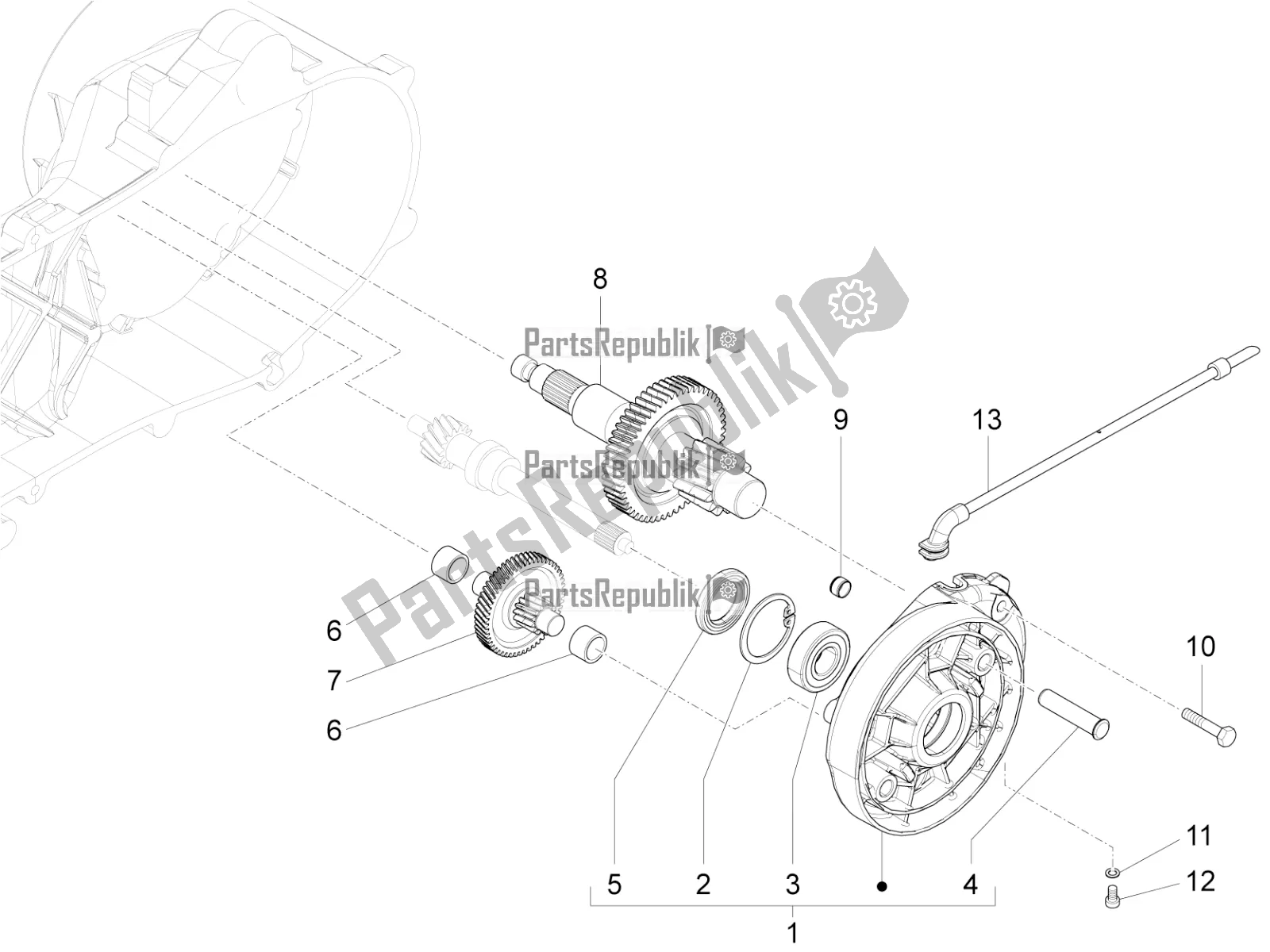 All parts for the Reduction Unit of the Vespa Primavera 50 4T 3V 30 MPH USA 2021