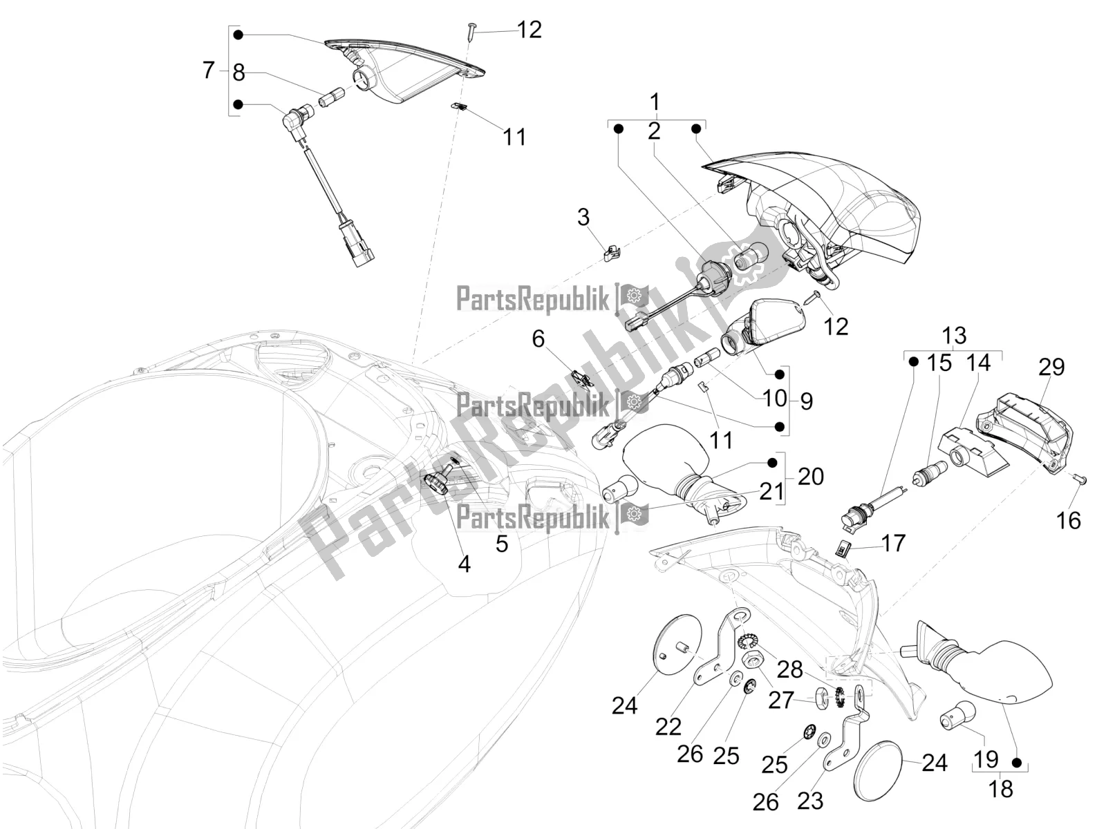 Alle onderdelen voor de Achterlichten - Richtingaanwijzers van de Vespa Primavera 50 4T 3V 30 MPH USA 2022