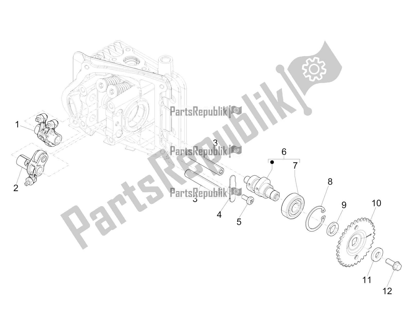 All parts for the Rocking Levers Support Unit of the Vespa Primavera 50 4T 3V 2018
