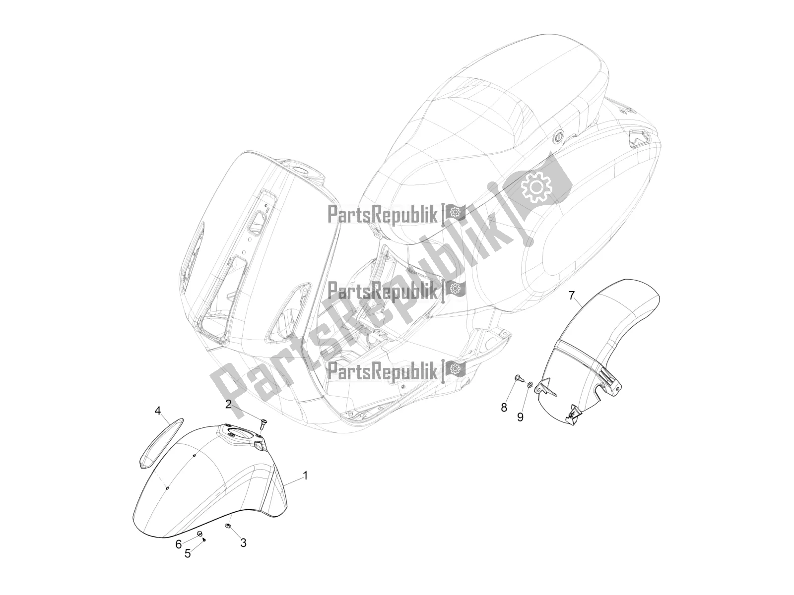 All parts for the Wheel Huosing - Mudguard of the Vespa Primavera 50 4T 3V 2018