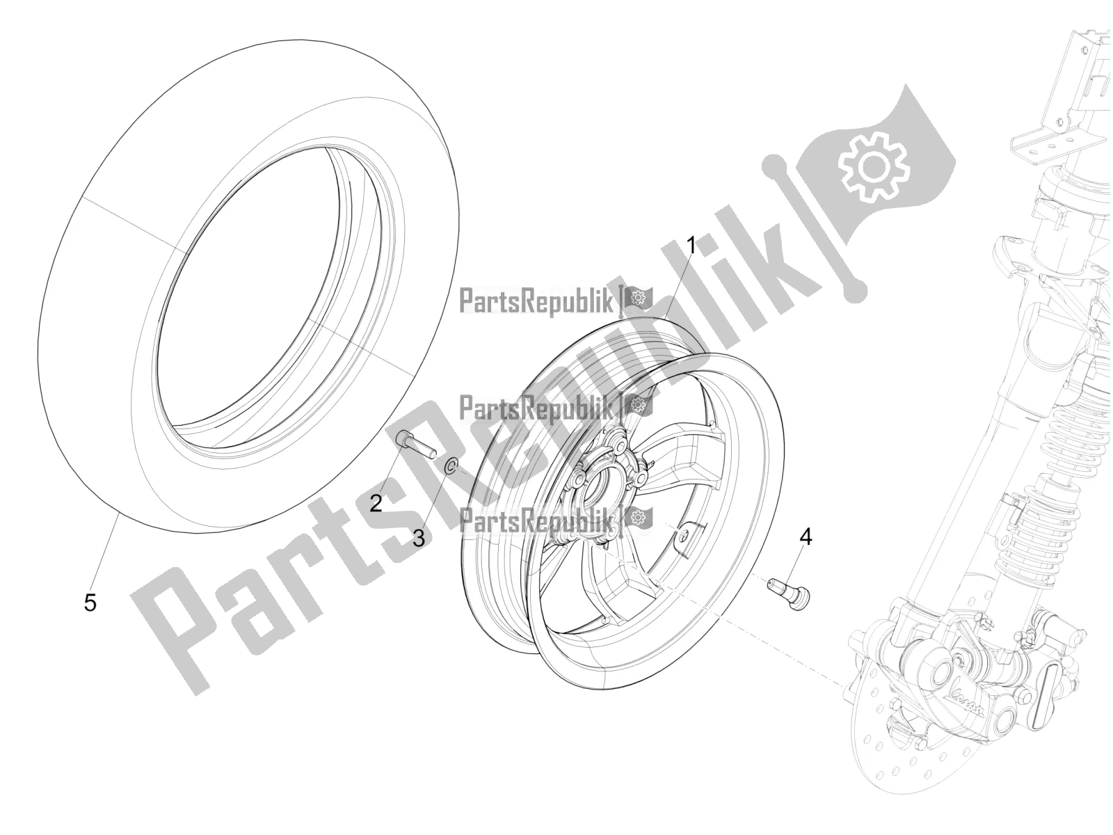 All parts for the Front Wheel of the Vespa Primavera 50 4T 3V 2019