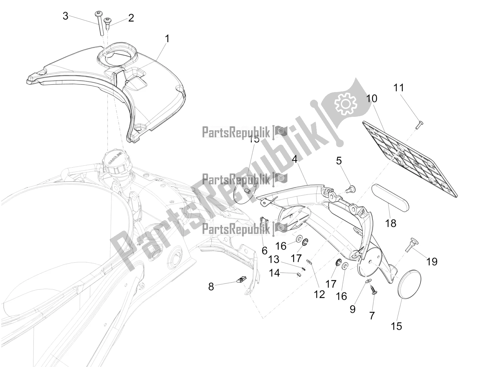 Toutes les pièces pour le Capot Arrière - Protection Contre Les éclaboussures du Vespa Primavera 50 4T 3V 2019