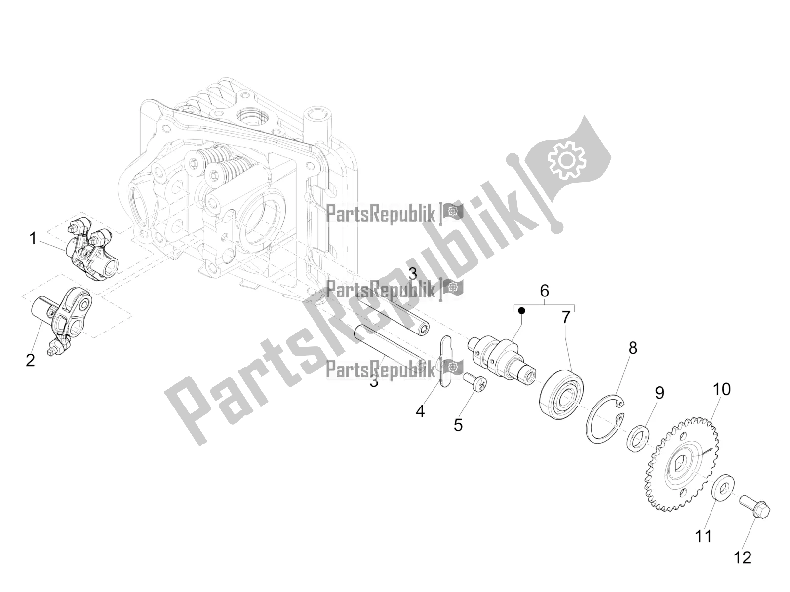 All parts for the Rocking Levers Support Unit of the Vespa Primavera 50 4T 3V 2019