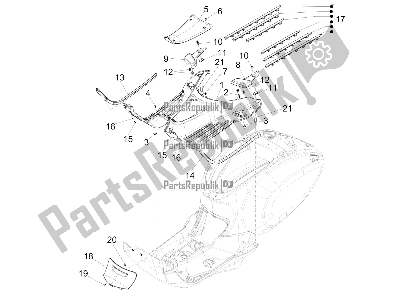 Alle onderdelen voor de Centrale Afdekking - Voetsteunen van de Vespa Primavera 50 4T 3V 2020