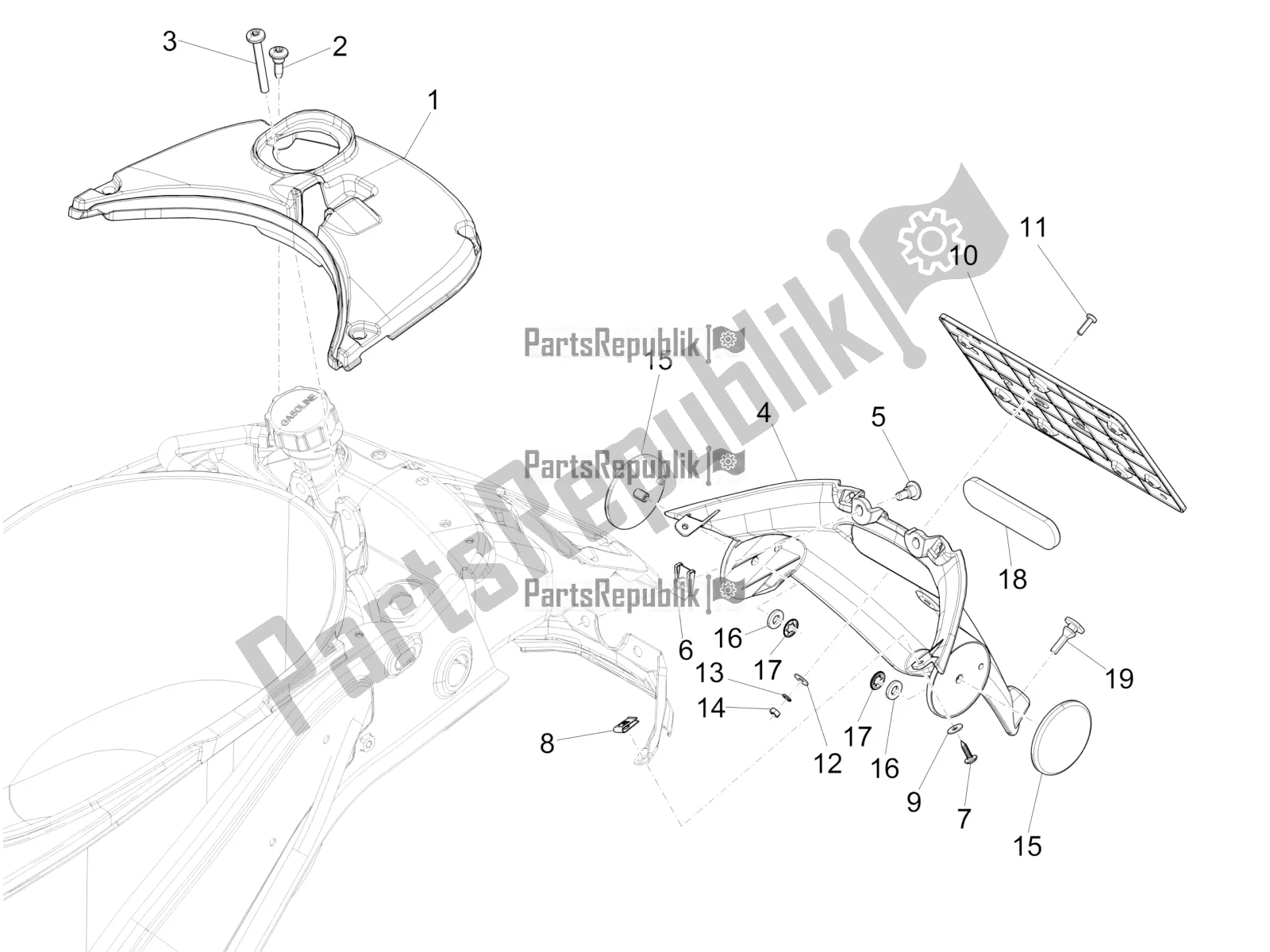 Toutes les pièces pour le Capot Arrière - Protection Contre Les éclaboussures du Vespa Primavera 50 4T 3V 2021