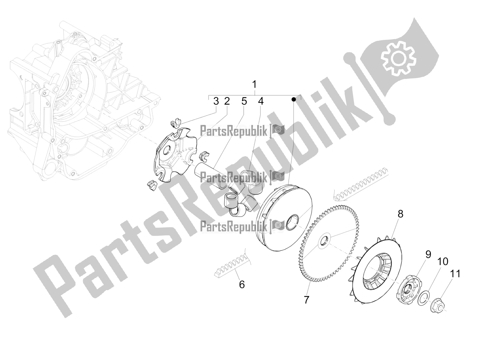 All parts for the Driving Pulley of the Vespa Primavera 50 4T 3V 2022