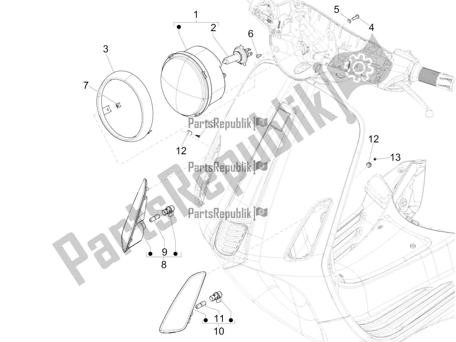 All parts for the Front Headlamps - Turn Signal Lamps of the Vespa Primavera 50 4T 3V E4 2020