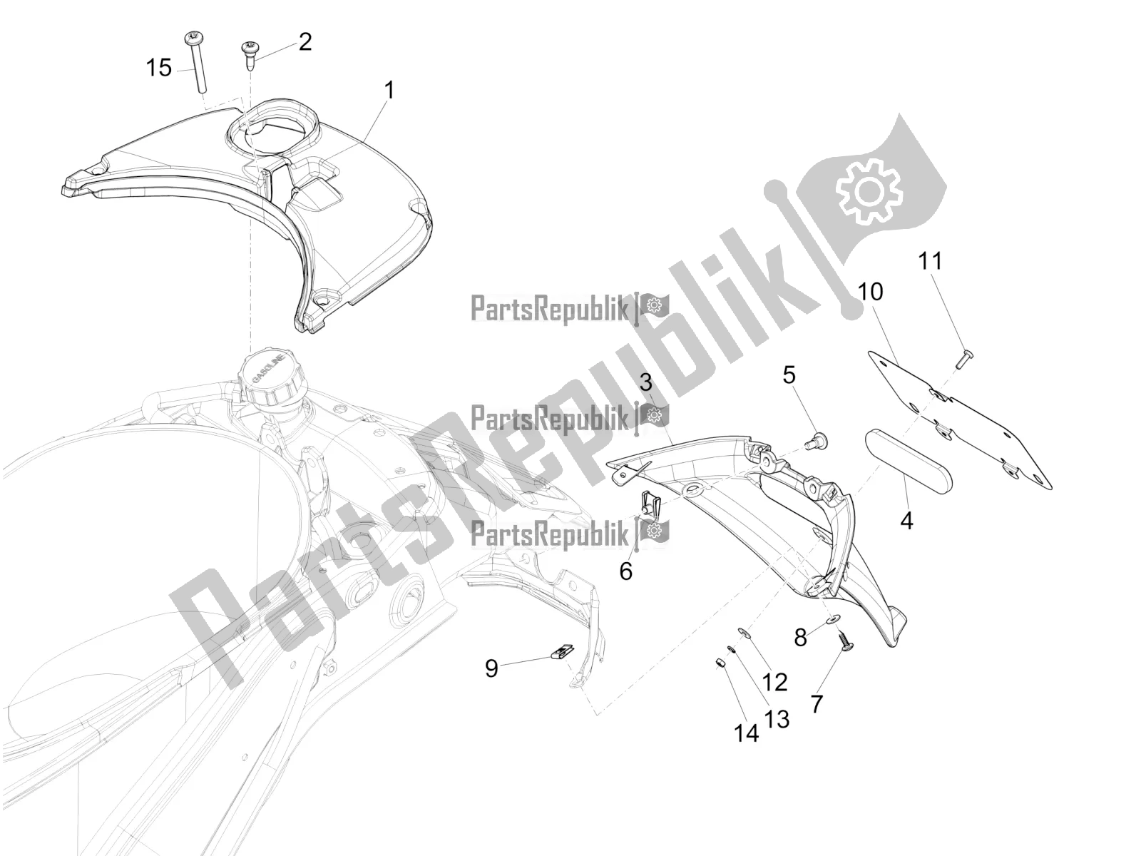 Toutes les pièces pour le Capot Arrière - Protection Contre Les éclaboussures du Vespa Primavera 50 4T 3V USA 2019