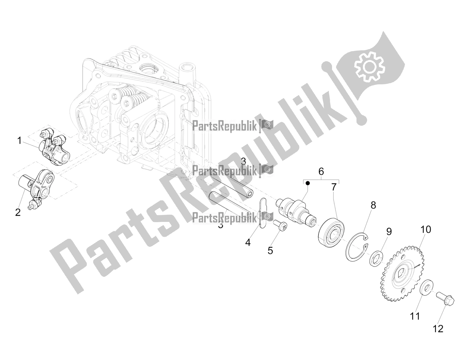 All parts for the Rocking Levers Support Unit of the Vespa Primavera 50 4T 3V USA 2019