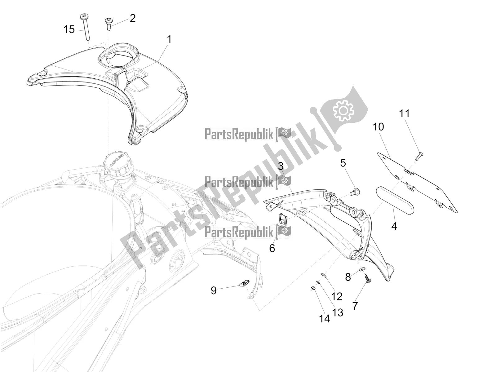 Toutes les pièces pour le Capot Arrière - Protection Contre Les éclaboussures du Vespa Primavera 50 4T 3V USA 2020