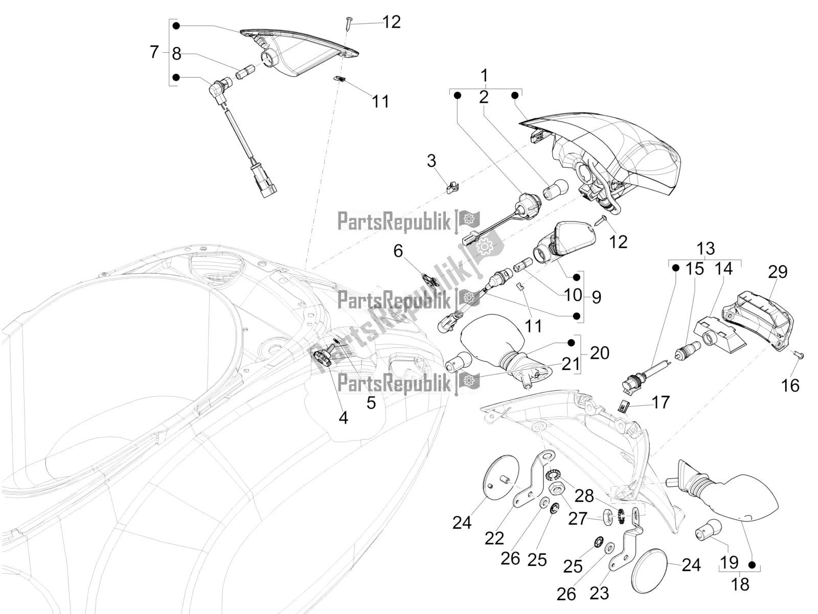 Wszystkie części do Reflektory Tylne - Kierunkowskazy Vespa Primavera 50 4T 3V USA 2020