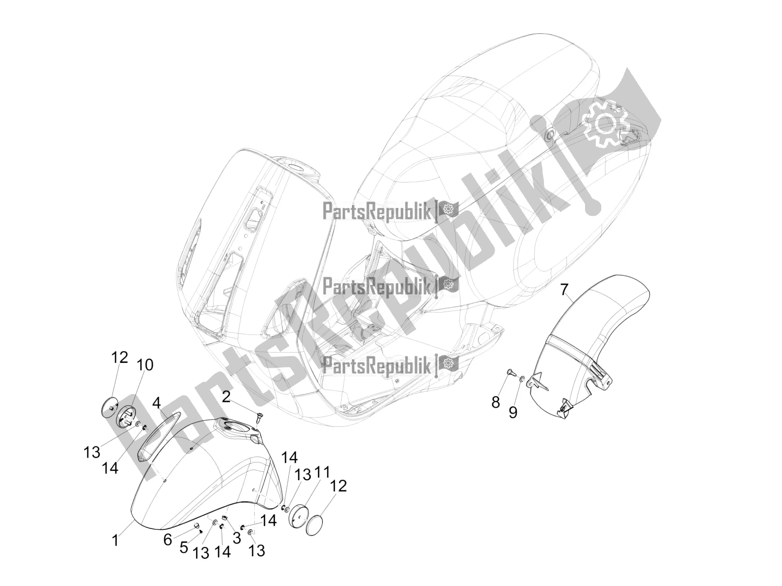 All parts for the Wheel Huosing - Mudguard of the Vespa Primavera 50 4T 3V USA 2020