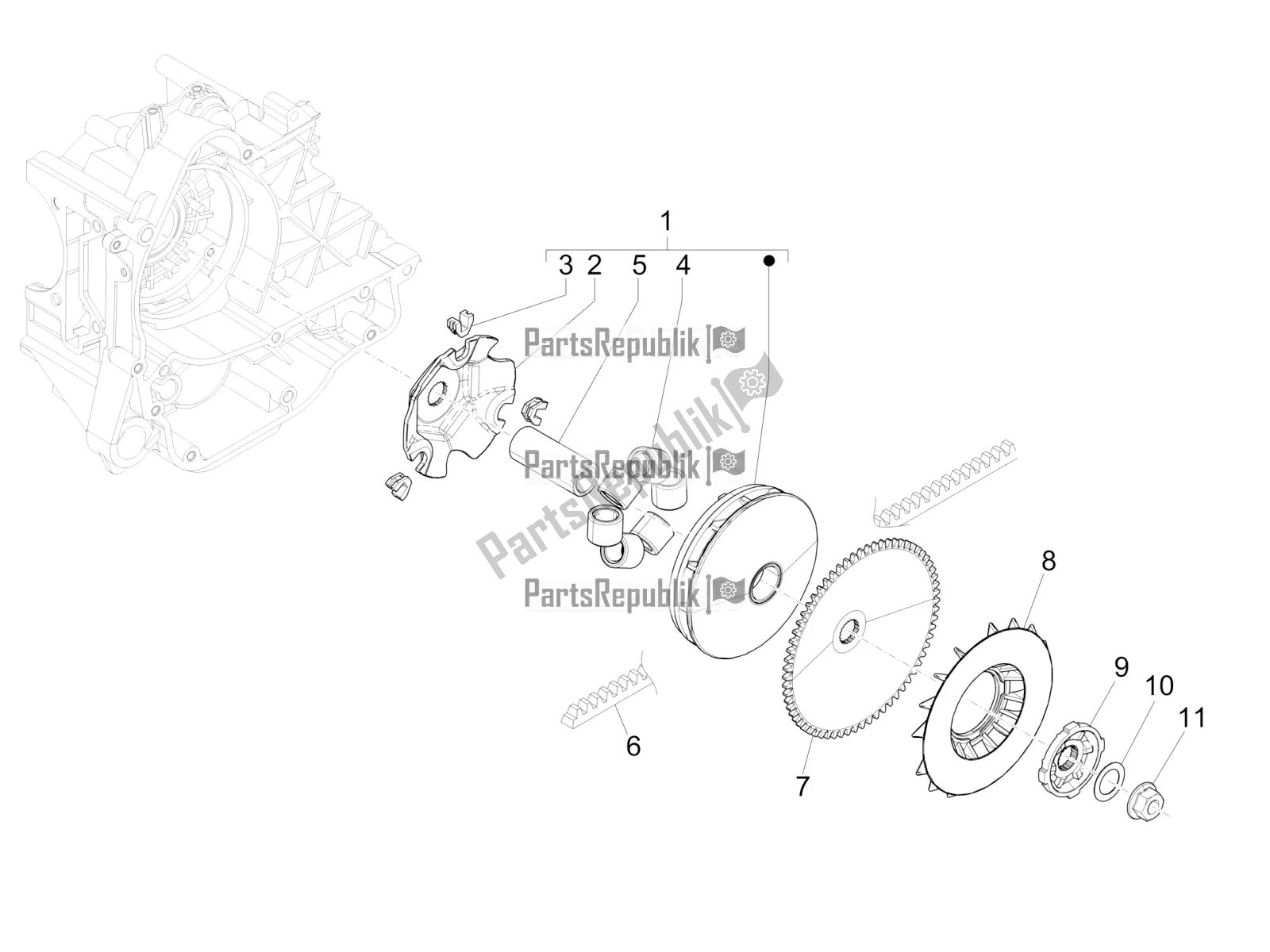 All parts for the Driving Pulley of the Vespa Primavera 50 4T 3V USA 2021