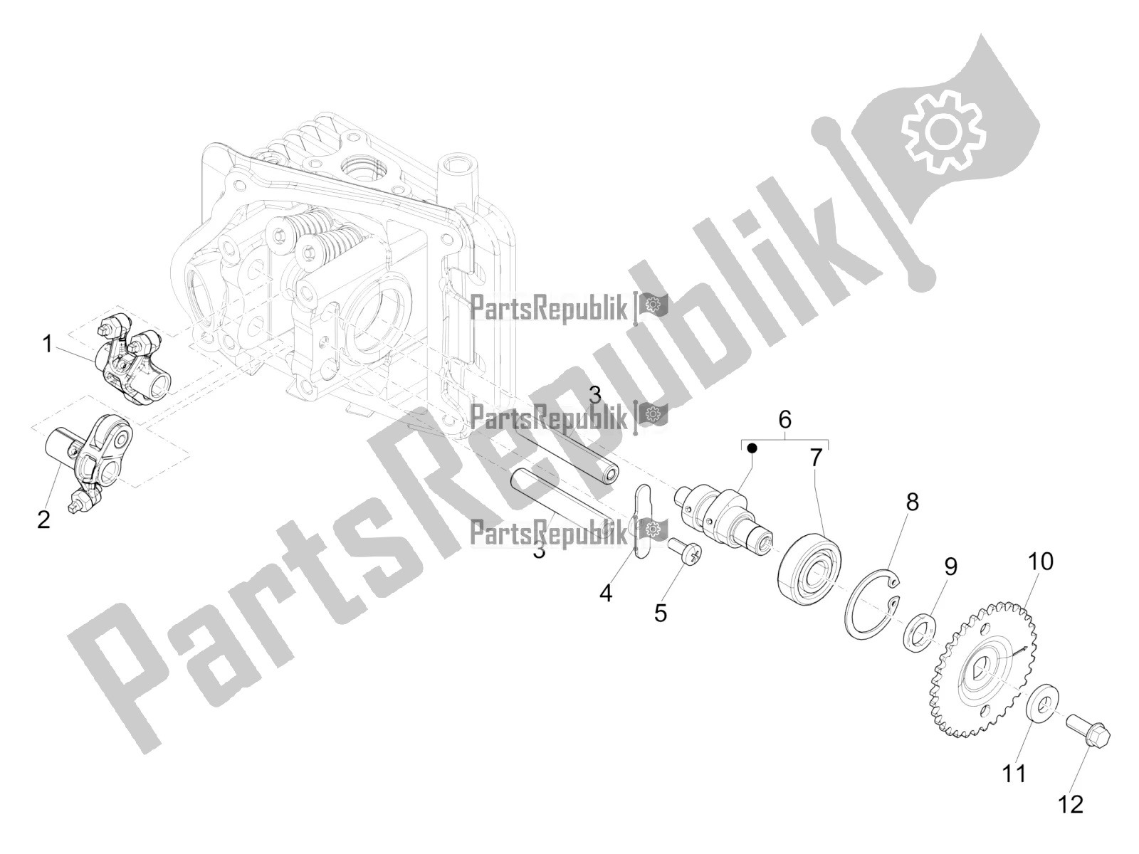 All parts for the Rocking Levers Support Unit of the Vespa Primavera 50 4T 3V USA 2021
