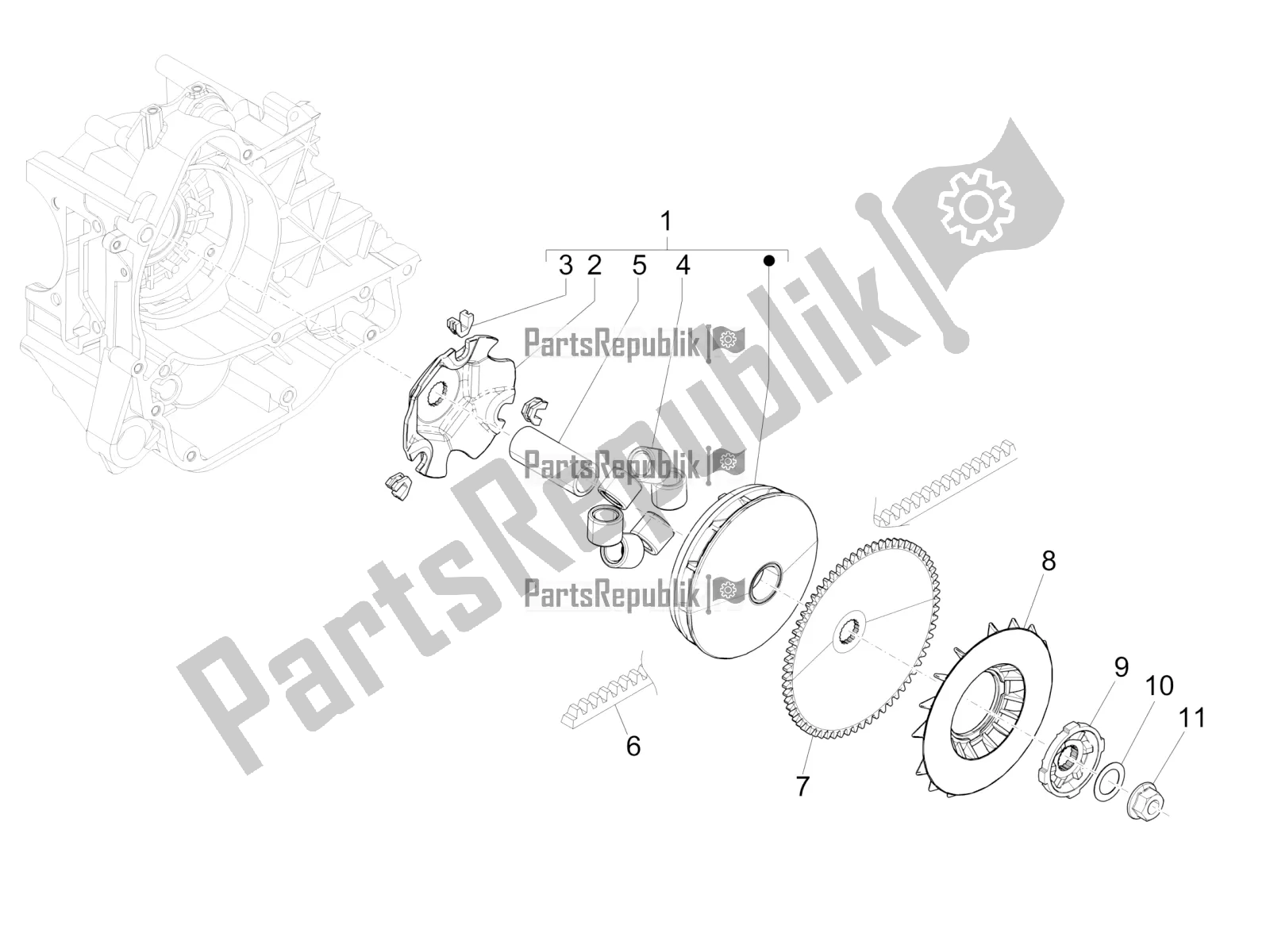 All parts for the Driving Pulley of the Vespa Primavera 50 4T 3V USA 2022