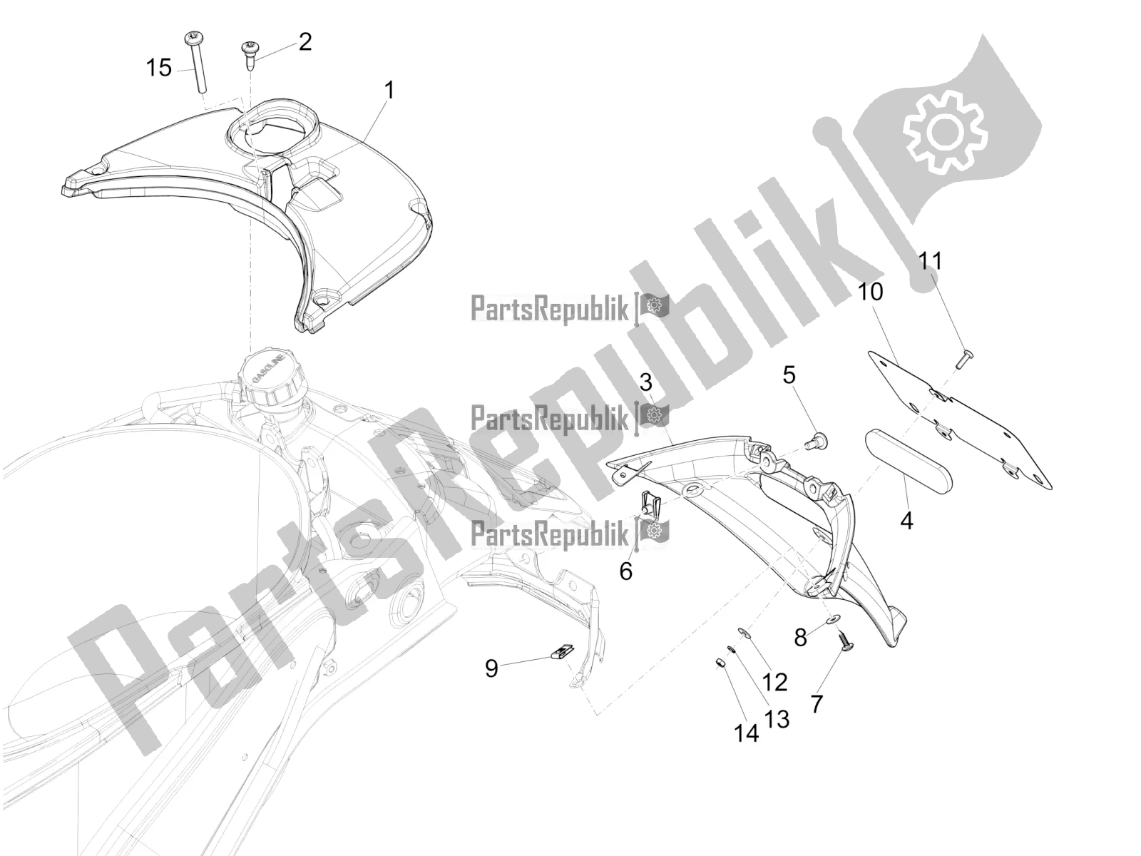 Toutes les pièces pour le Capot Arrière - Protection Contre Les éclaboussures du Vespa Primavera 50 4T 3V USA 2022