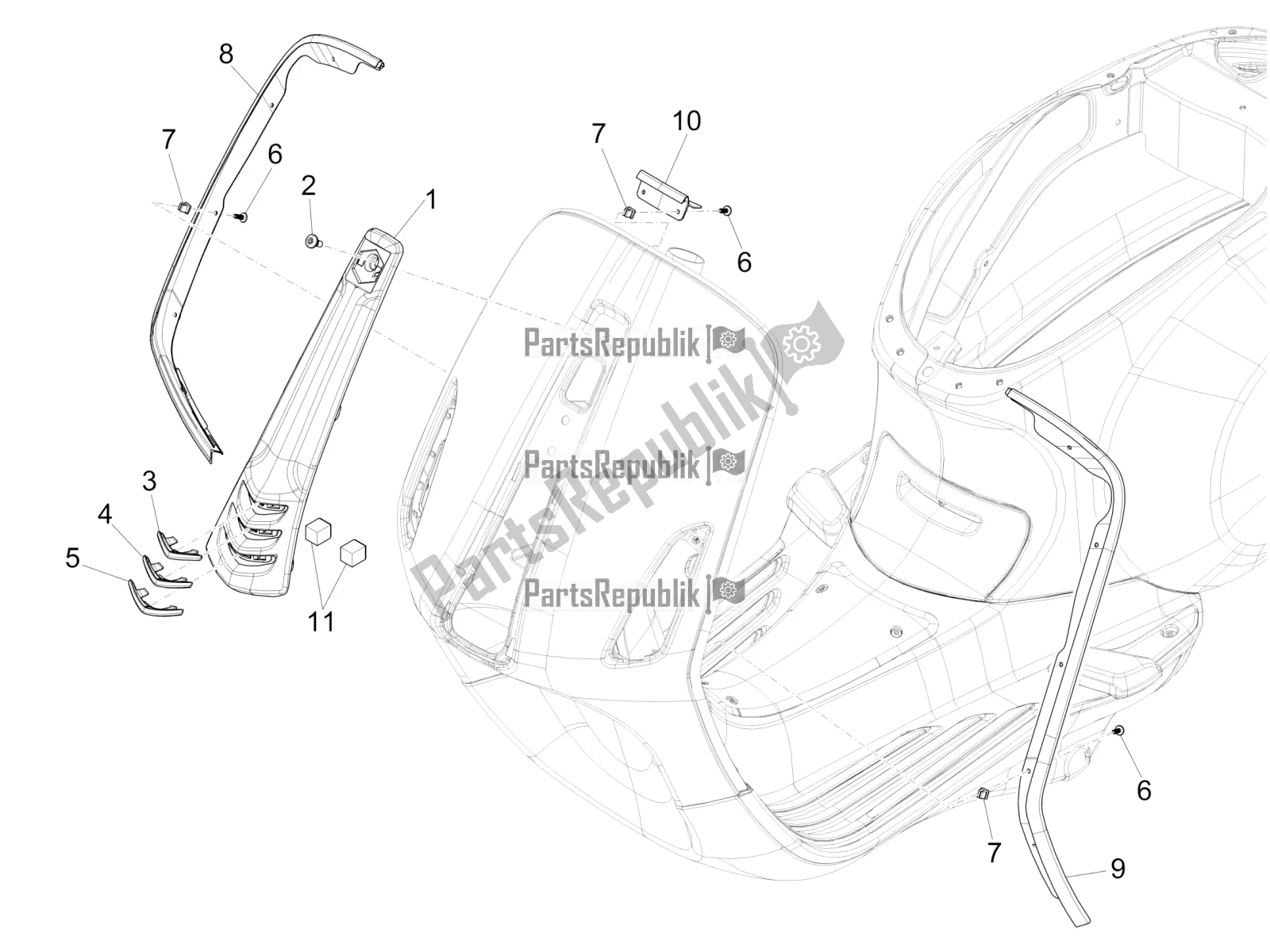 All parts for the Front Shield of the Vespa Primavera 50 4T 4V 2016