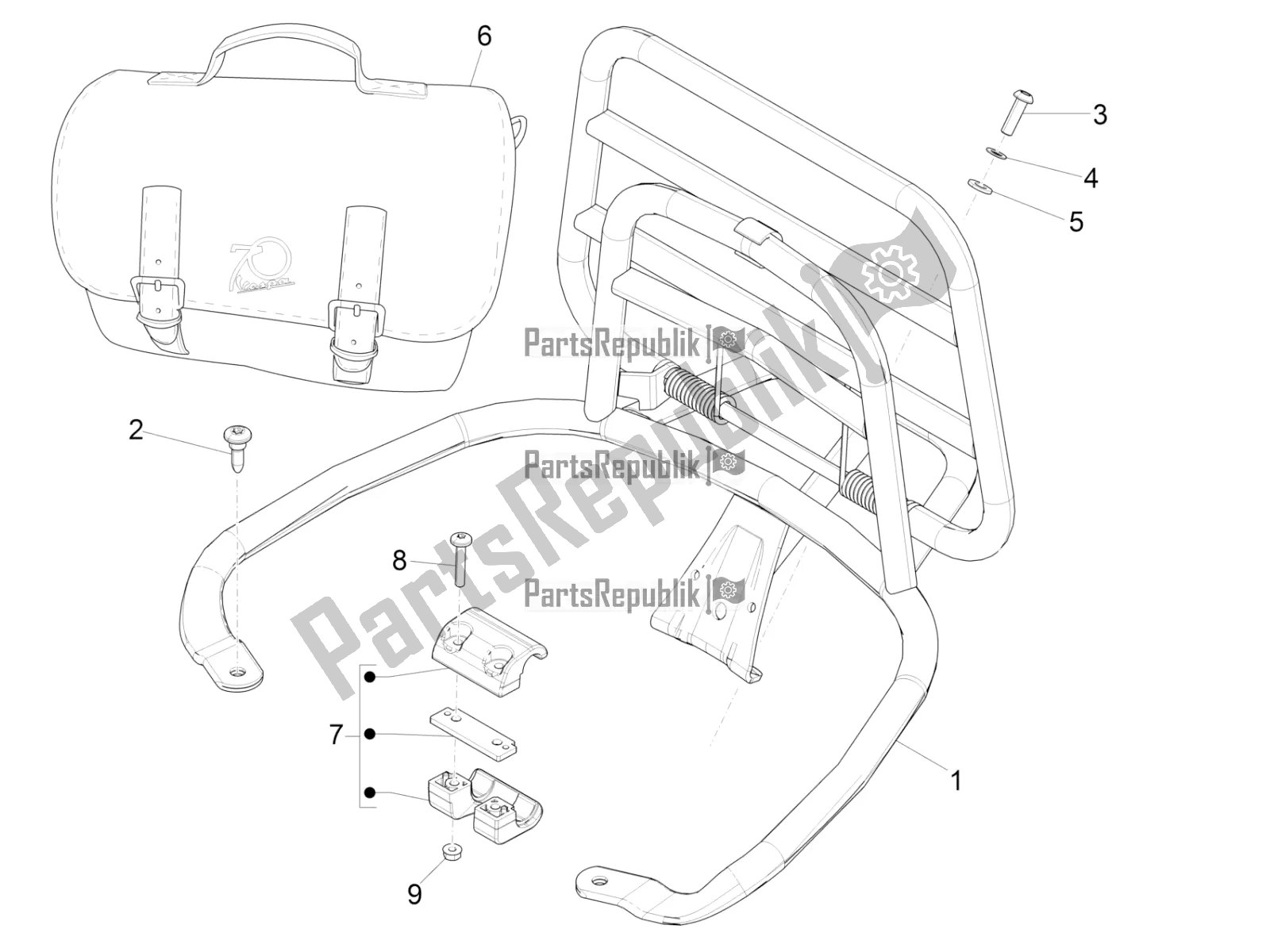 All parts for the Rear Luggage Rack of the Vespa Primavera 50 4T 4V 2016