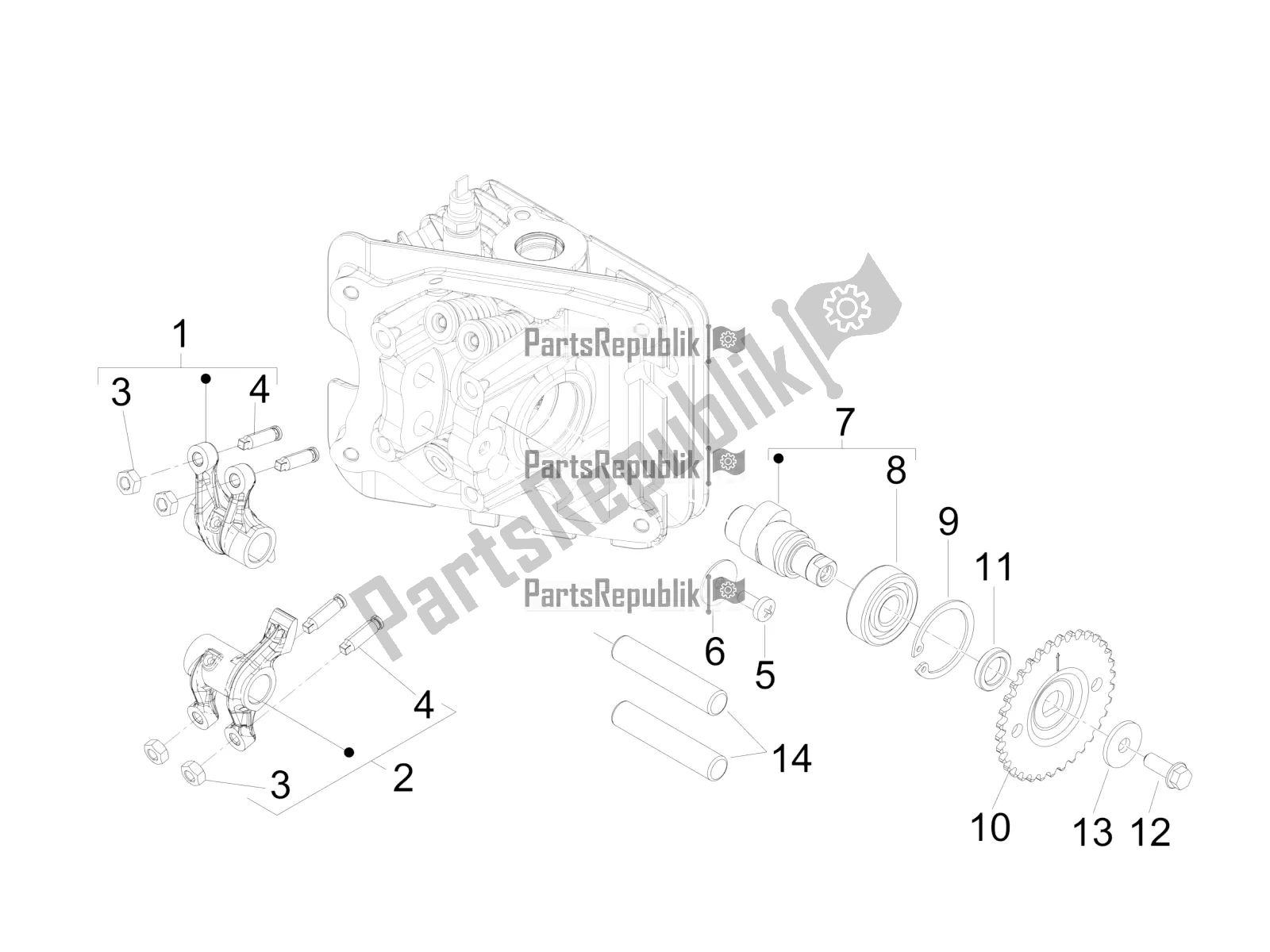 All parts for the Rocking Levers Support Unit of the Vespa Primavera 50 4T 4V 2016