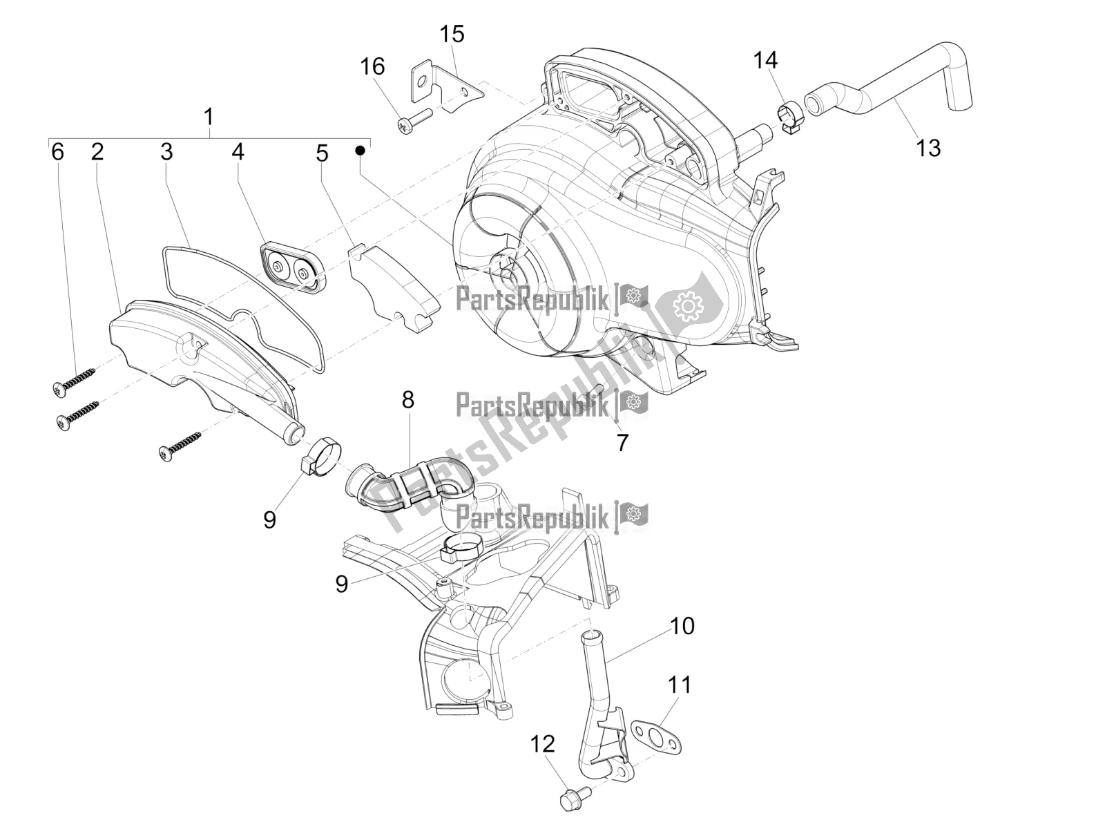 Alle onderdelen voor de Secundaire Luchtkast van de Vespa Primavera 50 4T 4V 2017