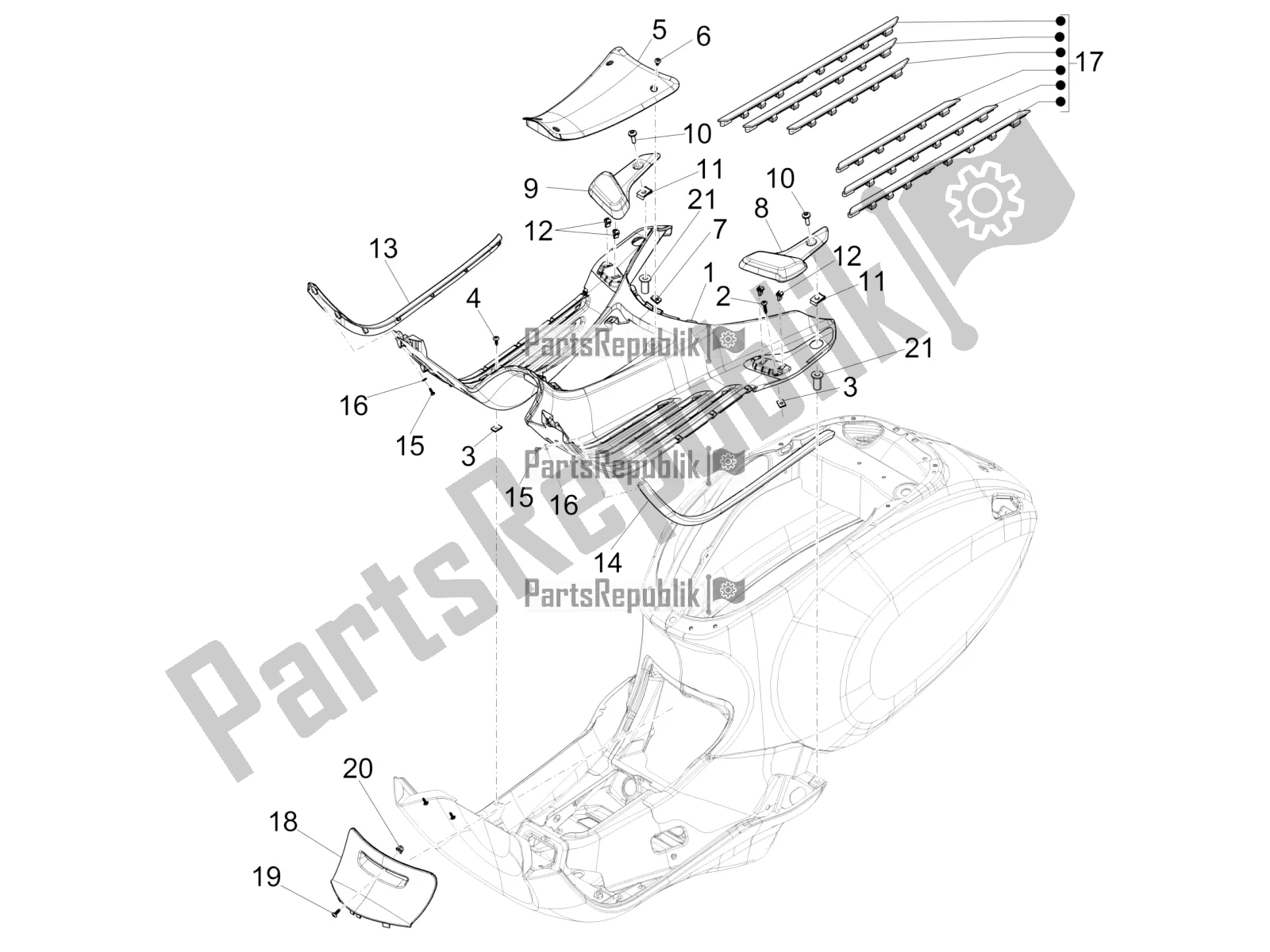 Todas las partes para Cubierta Central - Reposapiés de Vespa Primavera 50 4T 4V 2018