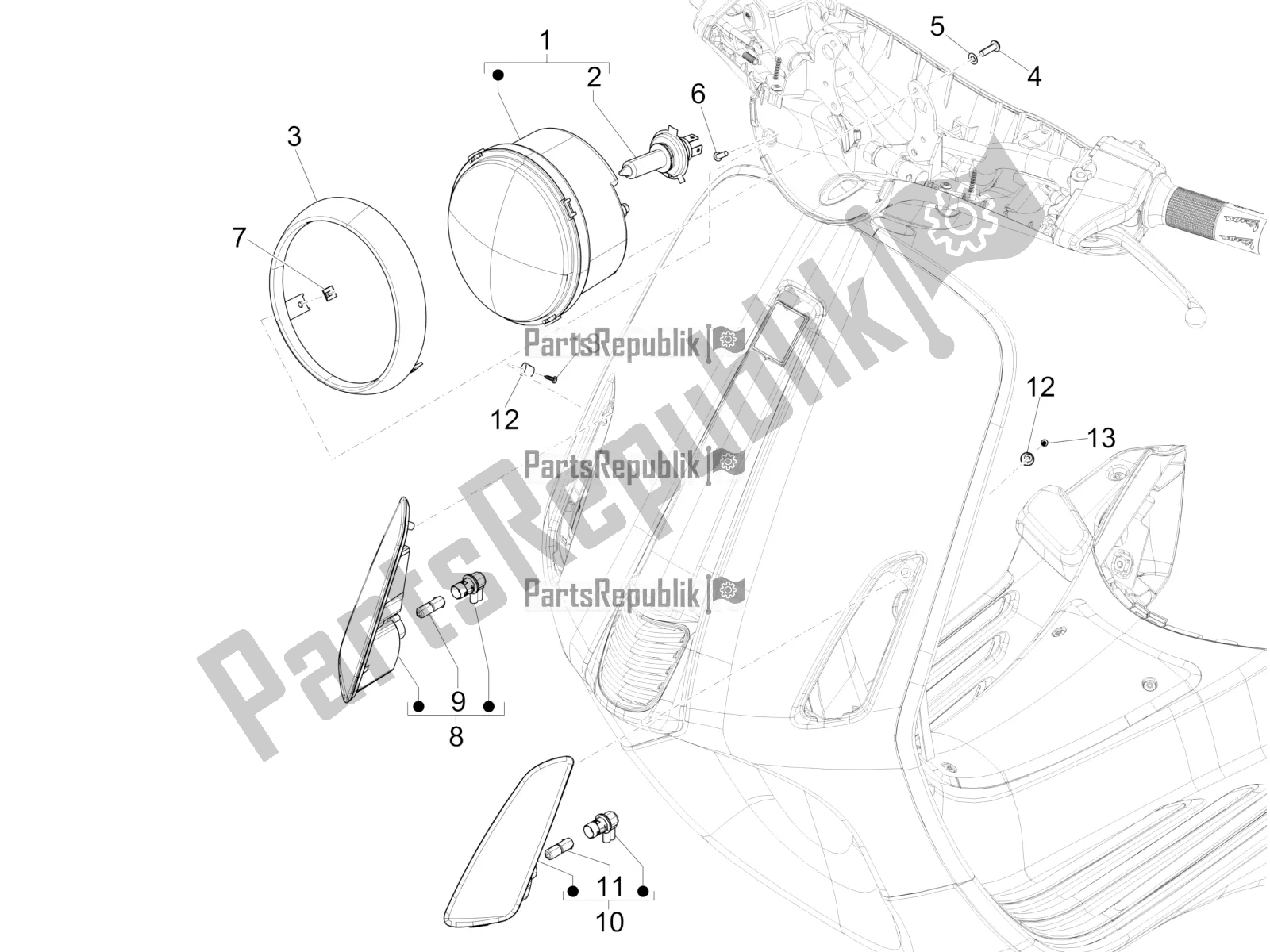 All parts for the Front Headlamps - Turn Signal Lamps of the Vespa Primavera 50 4T 4V 2018