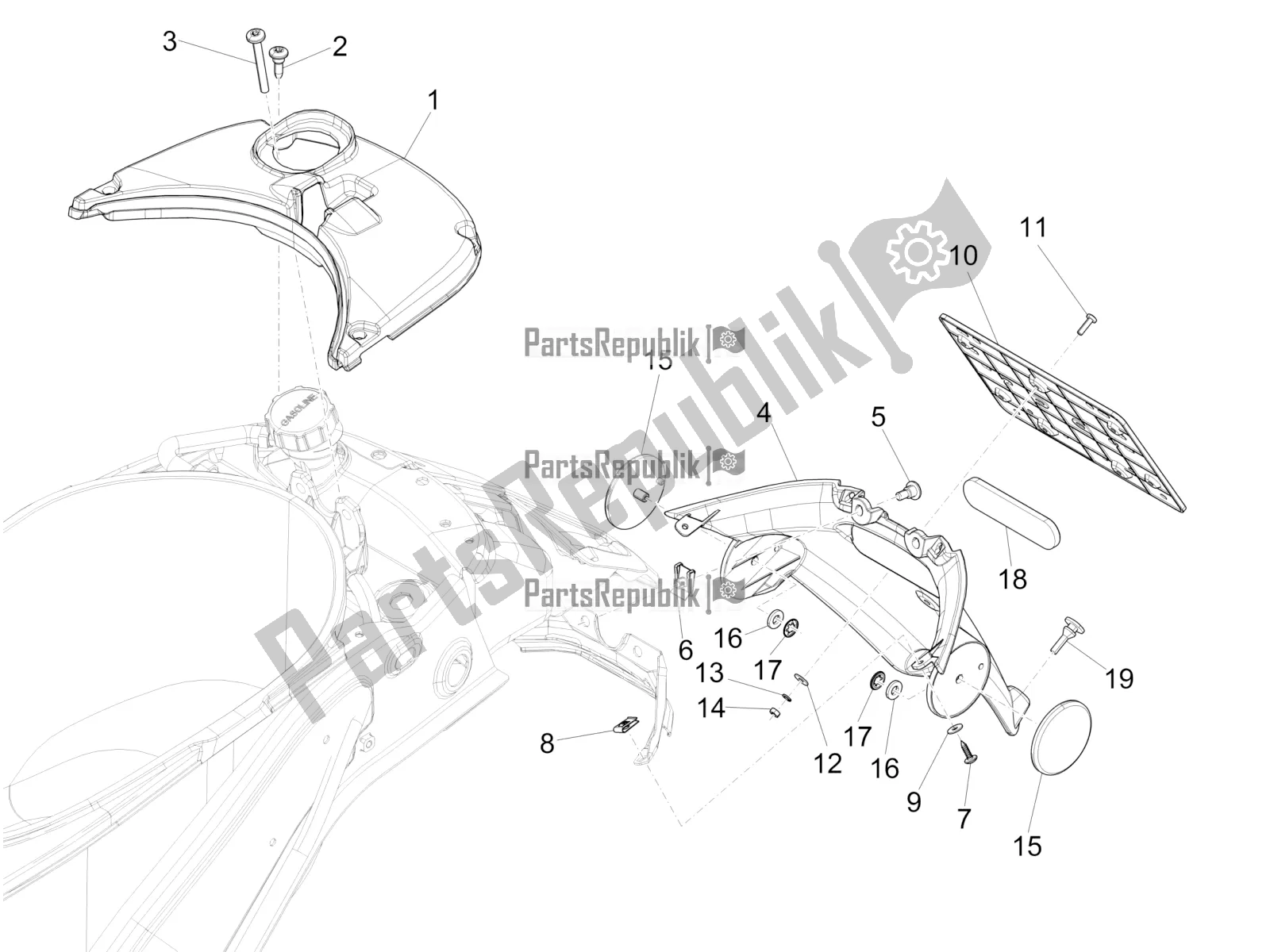 Toutes les pièces pour le Capot Arrière - Protection Contre Les éclaboussures du Vespa Primavera 50 4T 4V 2018