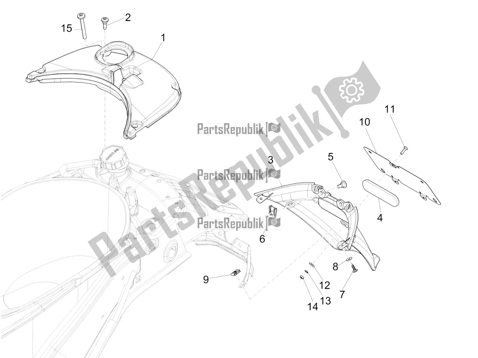 Toutes les pièces pour le Capot Arrière - Protection Contre Les éclaboussures du Vespa Primavera 50 4T 4V USA 2016