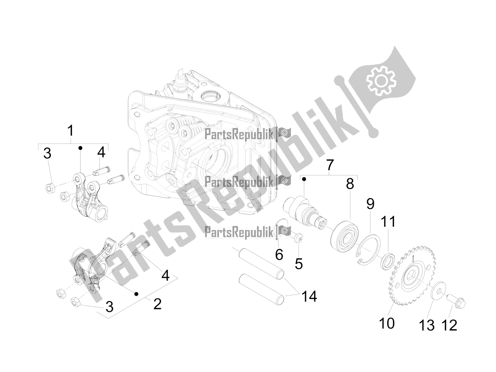 All parts for the Rocking Levers Support Unit of the Vespa Primavera 50 4T 4V USA 2016