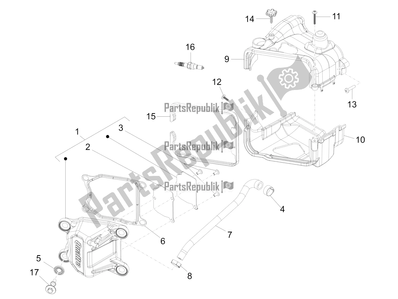 All parts for the Cylinder Head Cover of the Vespa Primavera 50 4T 4V USA 2017