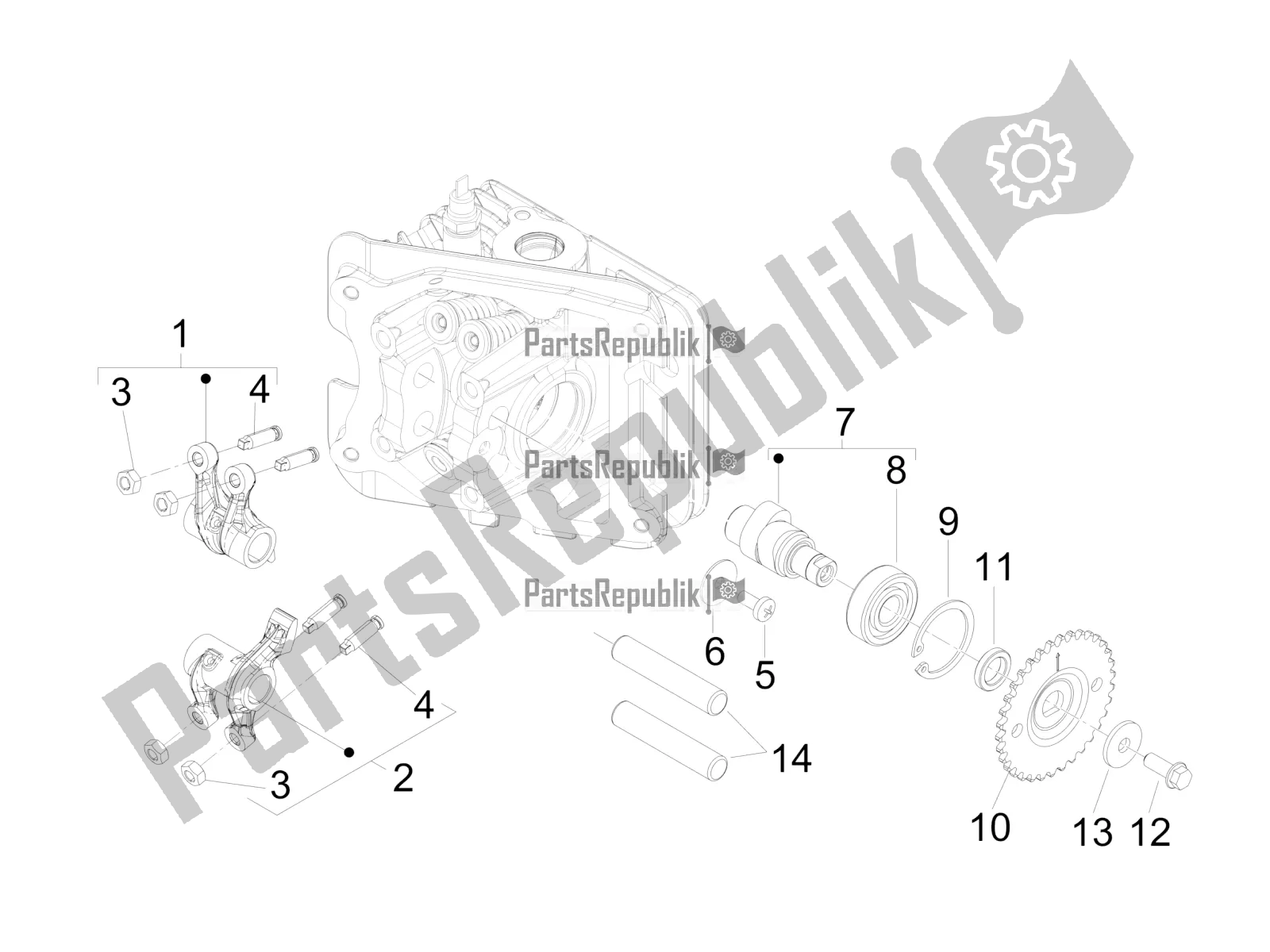 All parts for the Rocking Levers Support Unit of the Vespa Primavera 50 4T 4V USA 2017