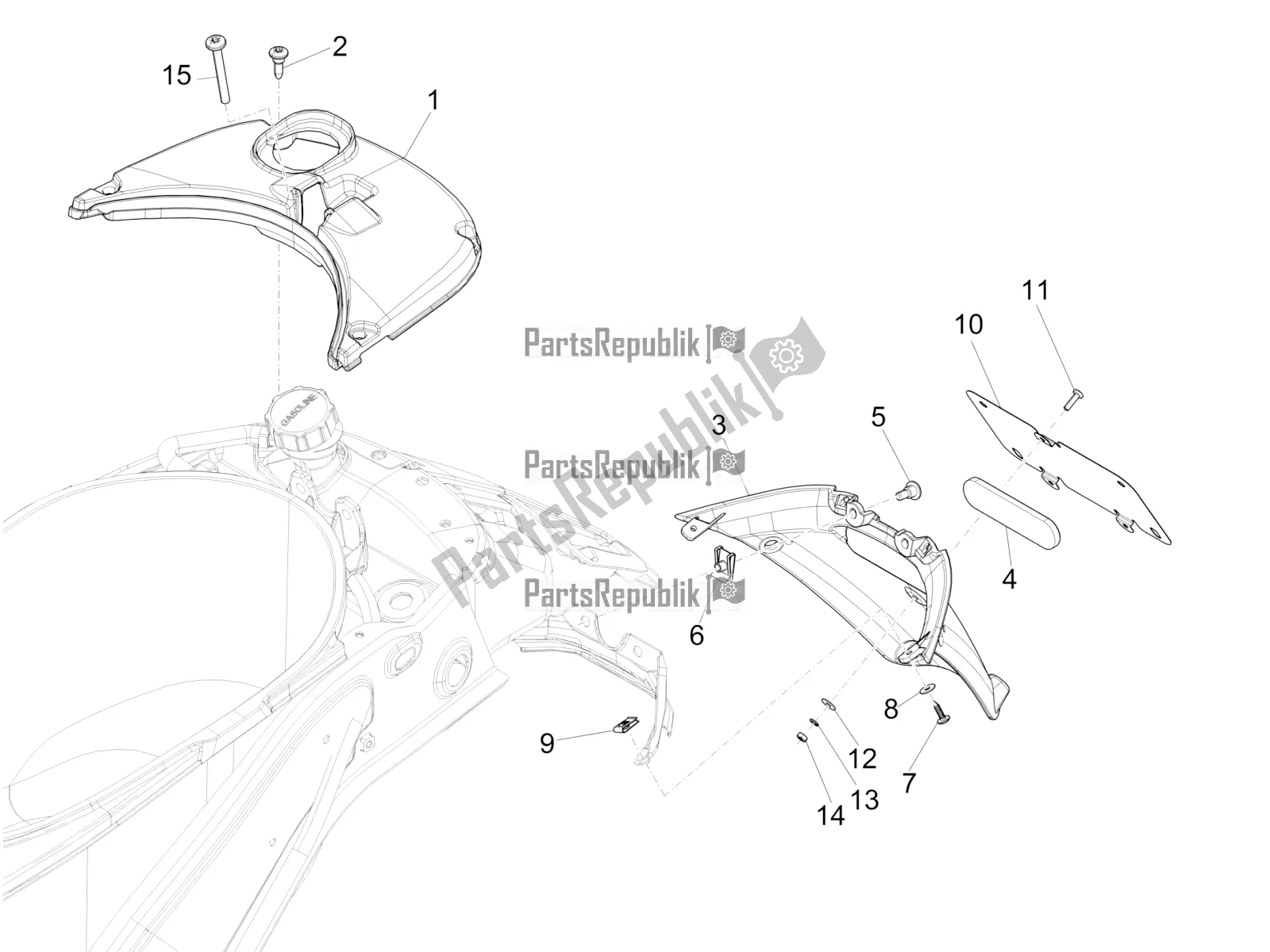 Toutes les pièces pour le Capot Arrière - Protection Contre Les éclaboussures du Vespa Primavera 50 4T 4V USA 2018