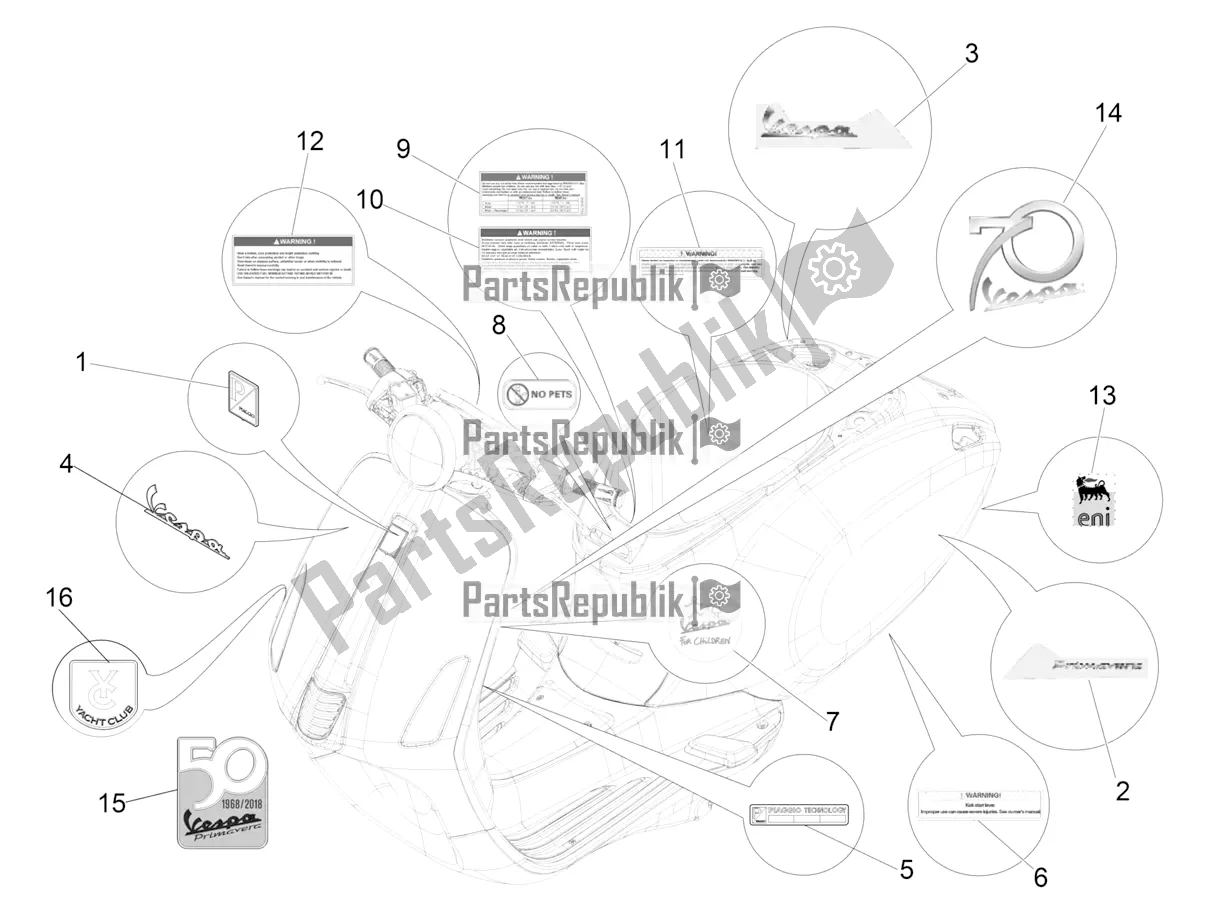All parts for the Plates - Emblems of the Vespa Primavera 50 4T 4V USA 2019