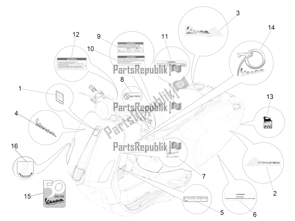 Toutes les pièces pour le Plaques - Emblèmes du Vespa Primavera 50 4T 4V USA 2020